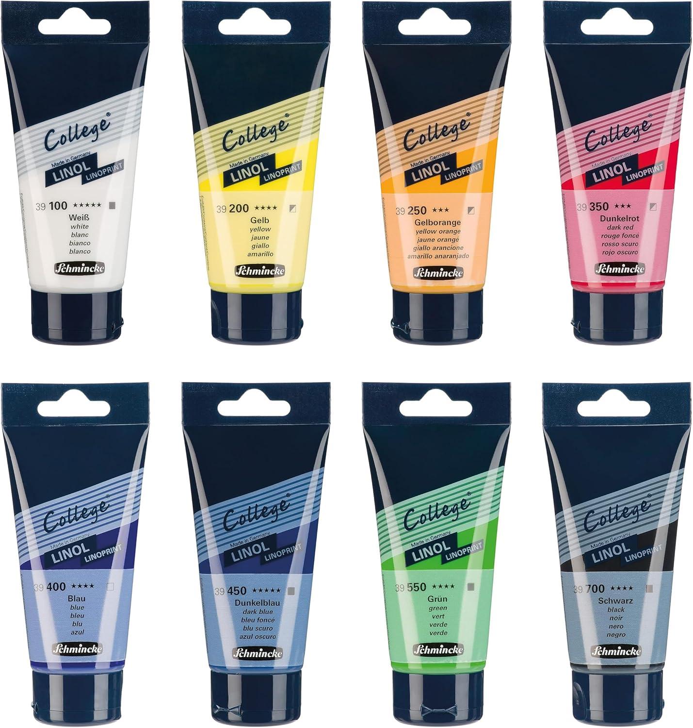 Schmincke – College® Linol, lino printing set with 8 x 75 ml tubes, 84 708 097, artist’s lino printing inks in study quality, low-odor lino printing ink, uniform print(8 x 75 ml)