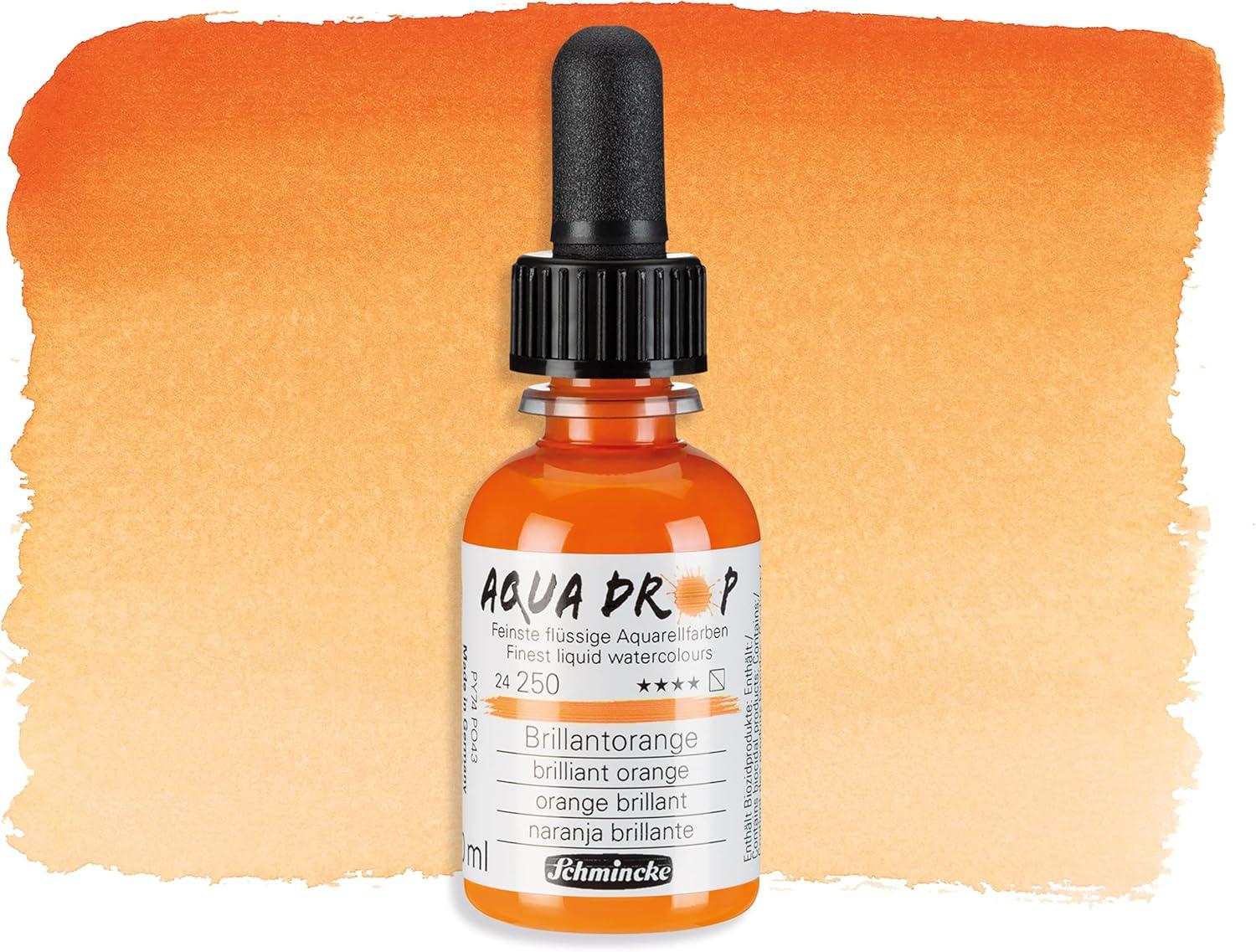 Schmincke – AQUA DROP, liquid, pigment-based watercolour, brilliant orange in 30 ml pipette bottle, 24250034, for watercolorpainting, urban sketching, calligraphy, handlettering, lightfast(250 brilliant orange)
