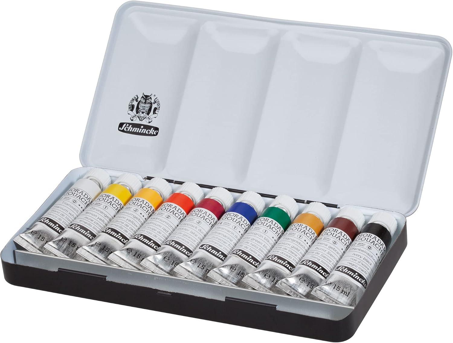 Schmincke – HORADAM® Gouache, 10 x 0,51 fl oz / 15 ml tubes, 72 701 097, 10 finest gouache colors in a metal box, highest concentration of pigments