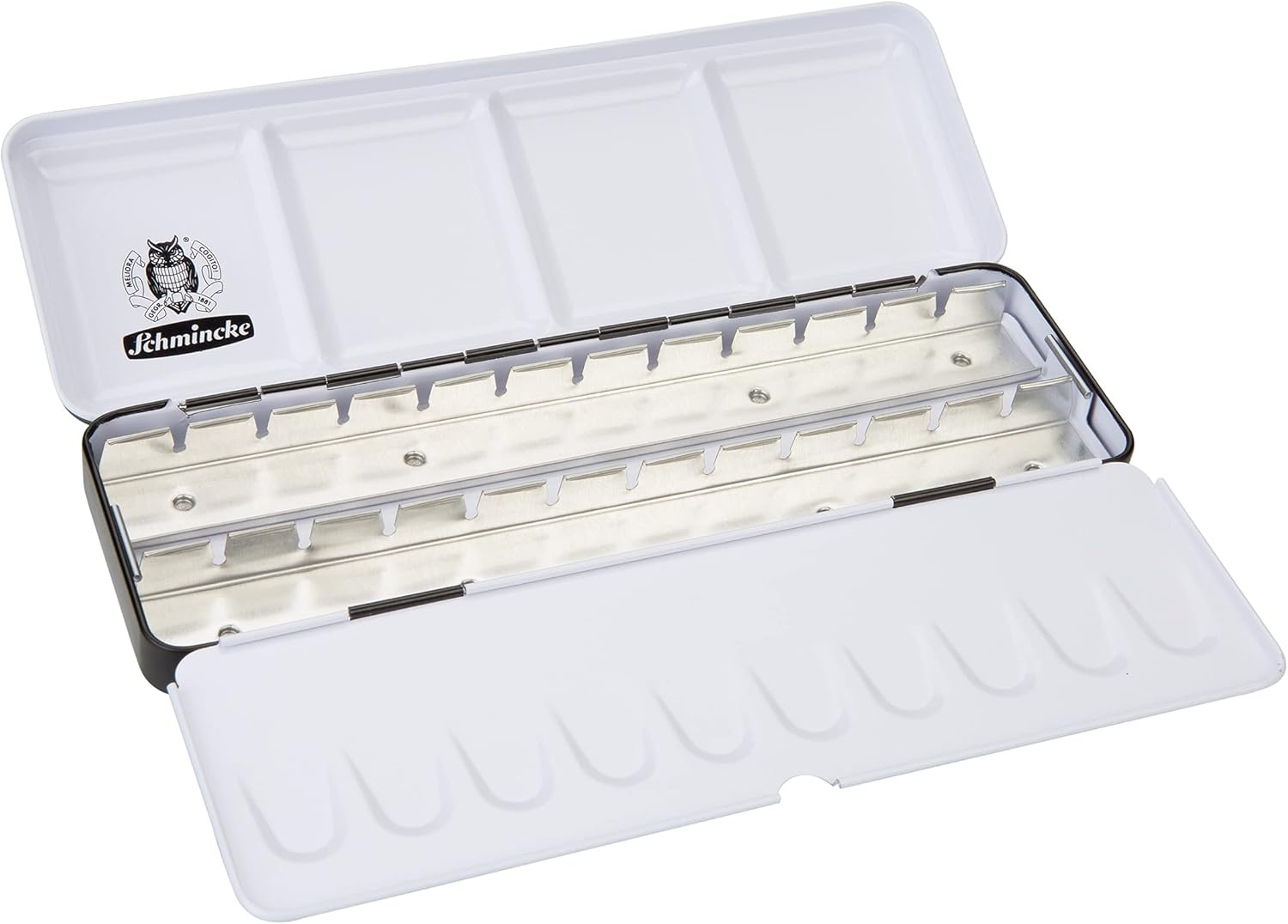 Schmincke – HORADAM AQUARELL Empty box 74 924 097, black metal box with mixing palette for individual filling with 24 x 1/2 or 12 x 1/1 cells(for 12 x 1/1 or 24 x 1/2 pans)