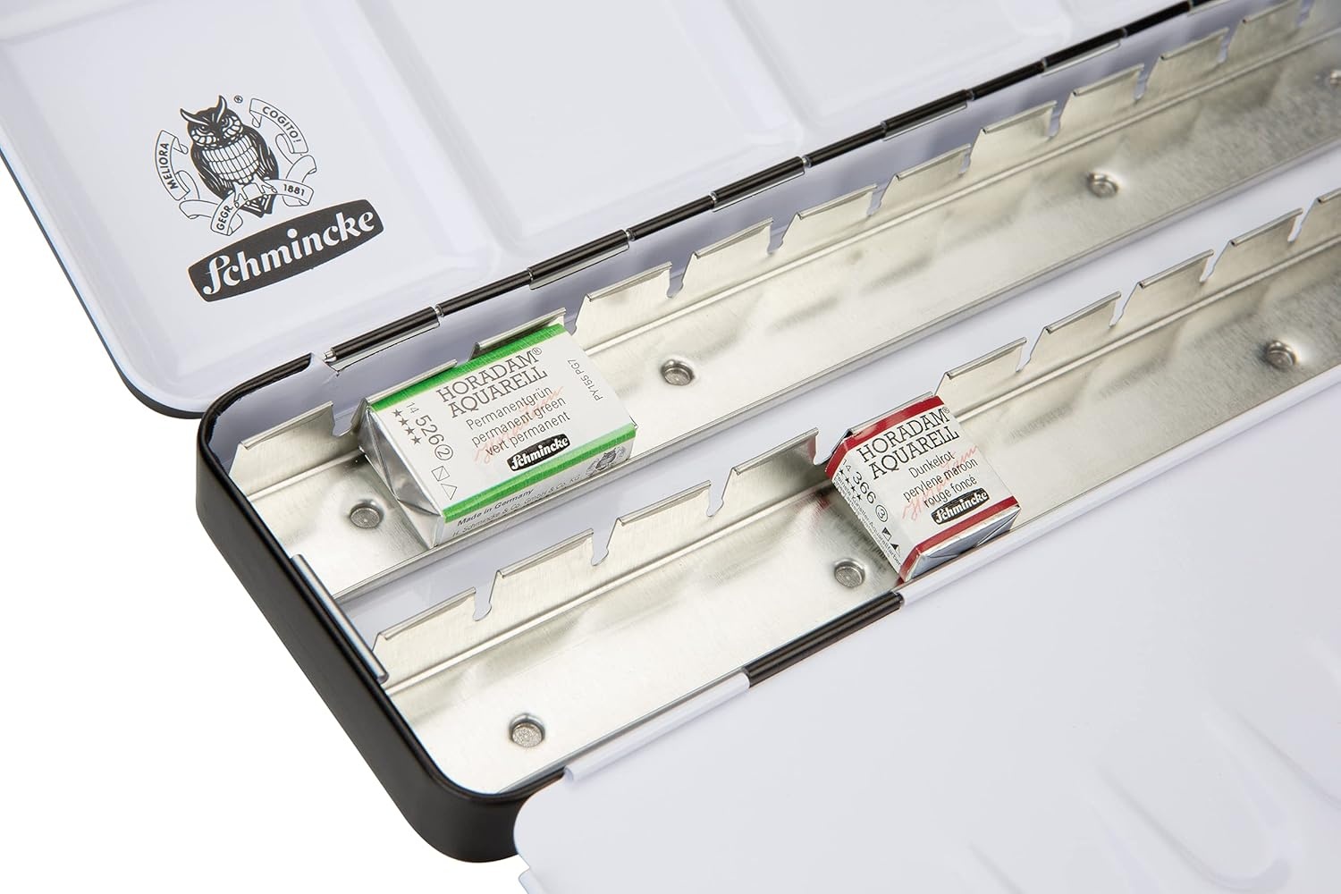 Schmincke – HORADAM AQUARELL Empty box 74 924 097, black metal box with mixing palette for individual filling with 24 x 1/2 or 12 x 1/1 cells(for 12 x 1/1 or 24 x 1/2 pans)