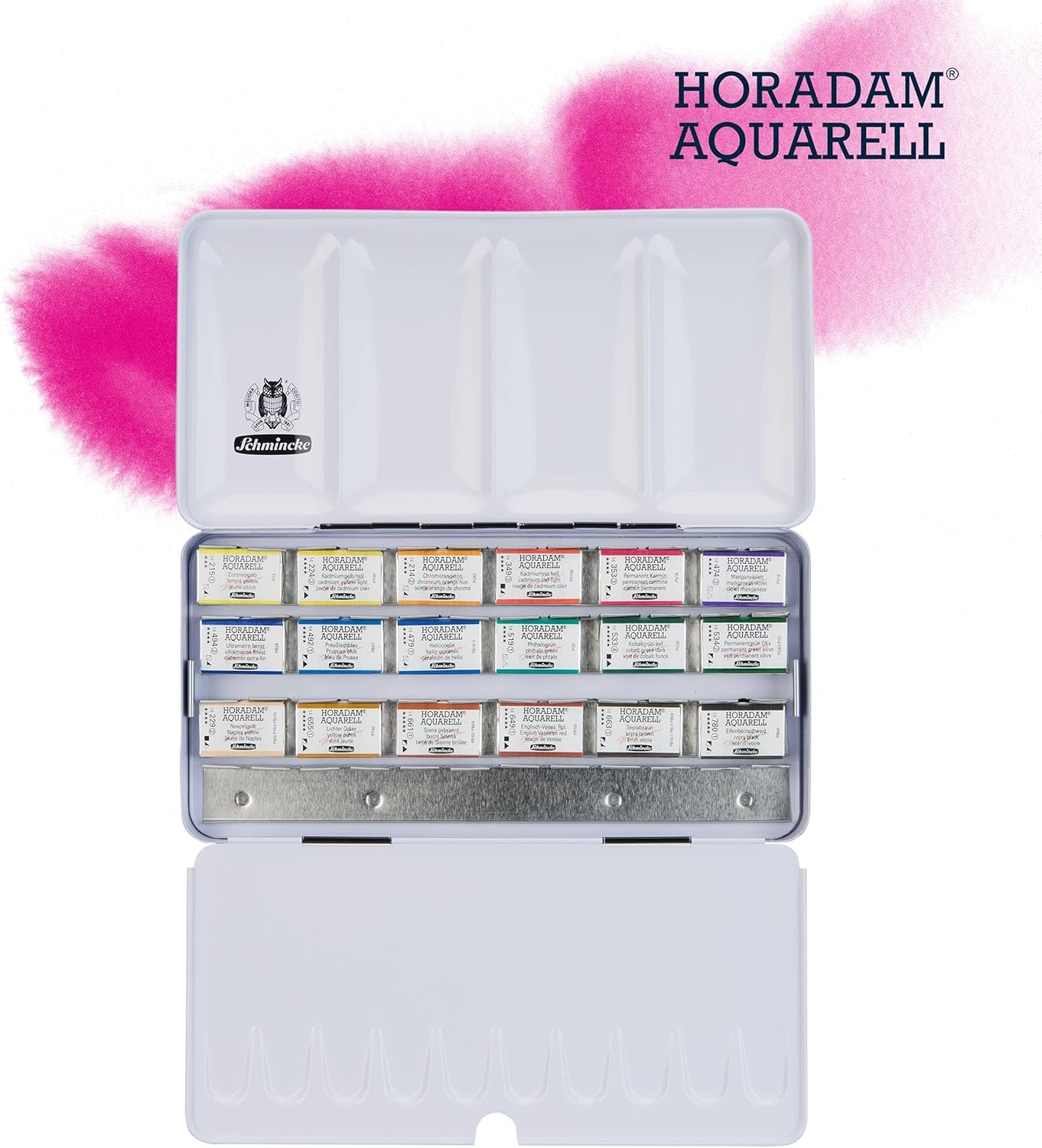 Schmincke – HORADAM® AQUARELL Premium color box with 24 finest watercolors, porcelain palette, 74524097, wooden box, 24 x 1/1 pans, Onetz(18 x 1/1 pans)
