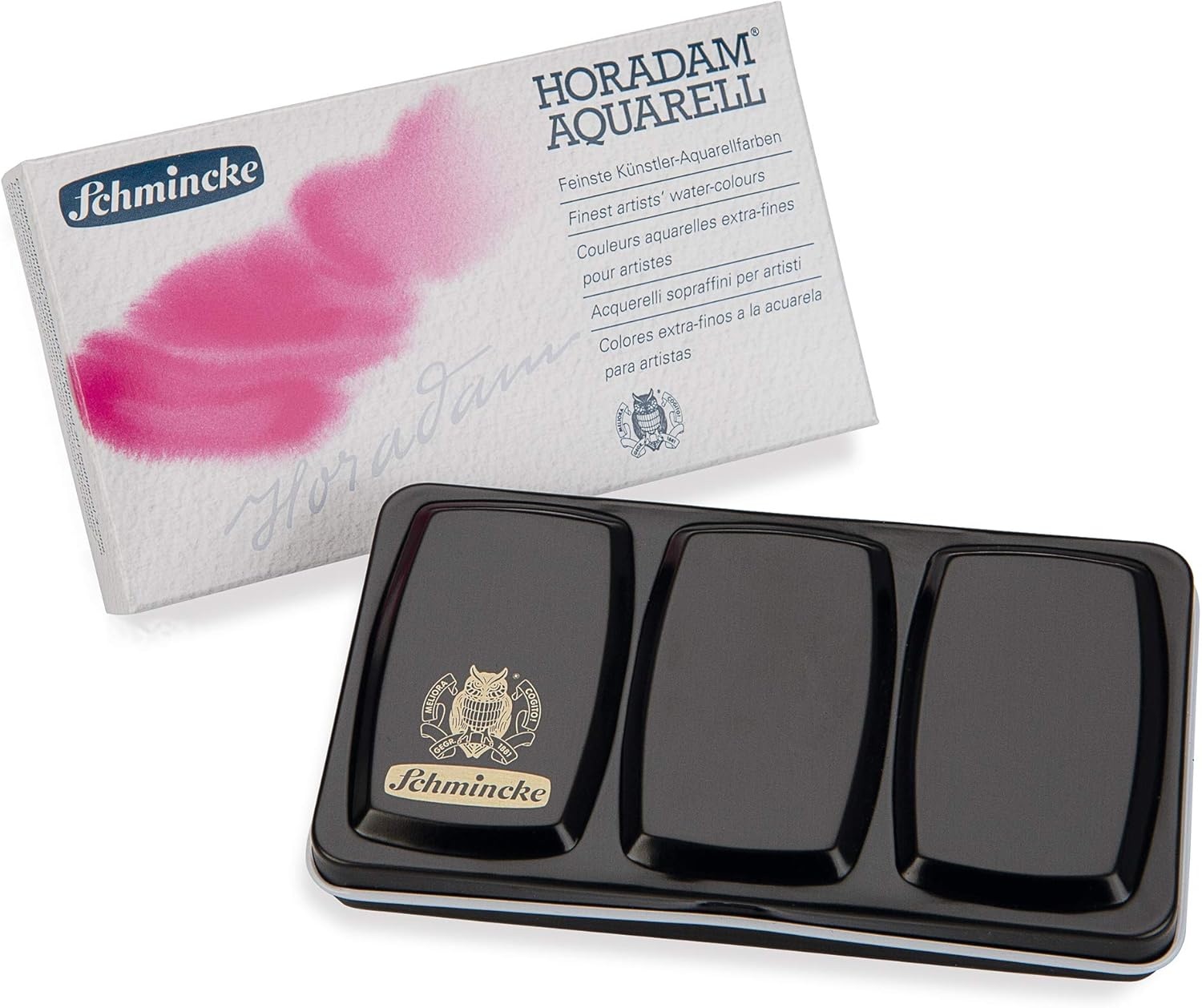 Schmincke – HORADAM AQUARELL Compact Color Box with 12 Finest Watercolor Colors, 1 Davinci Brush, 74 012 097, Metal Box, Painting Set, Finest Watercolor Colors, 12 x 1/2 Pans