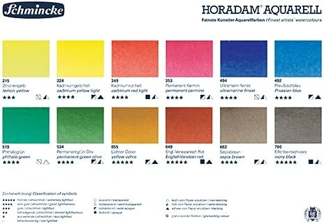 Schmincke – HORADAM AQUARELL Compact Color Box with 12 Finest Watercolor Colors, 1 Davinci Brush, 74 012 097, Metal Box, Painting Set, Finest Watercolor Colors, 12 x 1/2 Pans