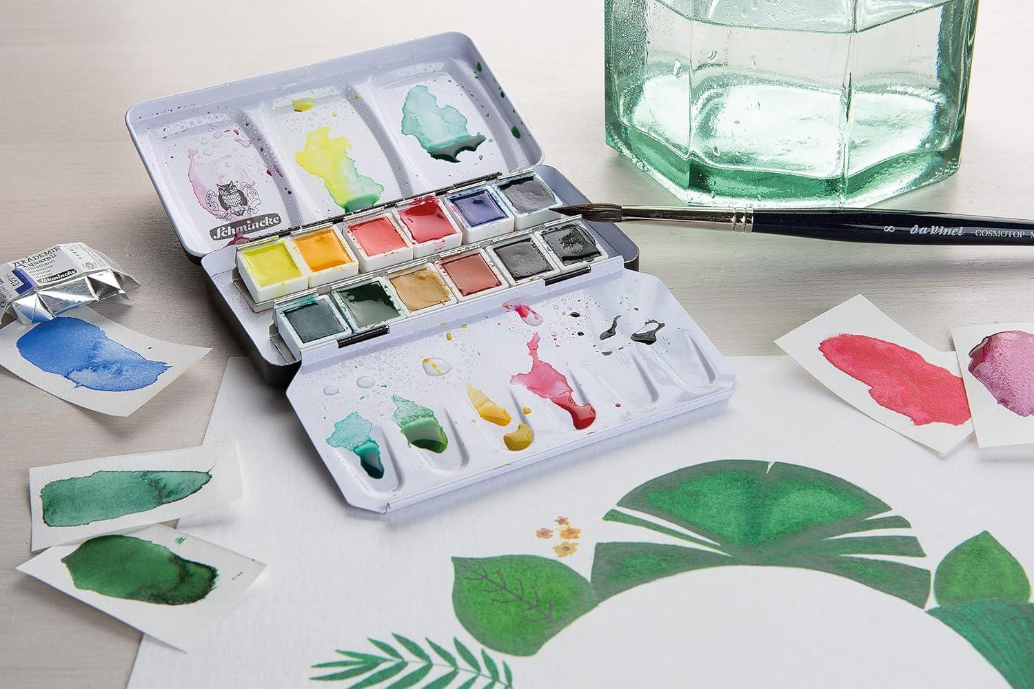 Schmincke – AKADEMIE®AQUARELL Watercolor Compact Color Box, Basic Assortment 12 x 1/2 Pans, 75 112 097, Metal Box, Highly lightfast Colors, fine Artists’ Watercolors