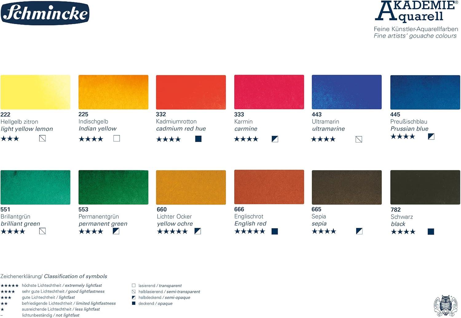 Schmincke – AKADEMIE®AQUARELL Watercolor Compact Color Box, Basic Assortment 12 x 1/2 Pans, 75 112 097, Metal Box, Highly lightfast Colors, fine Artists’ Watercolors