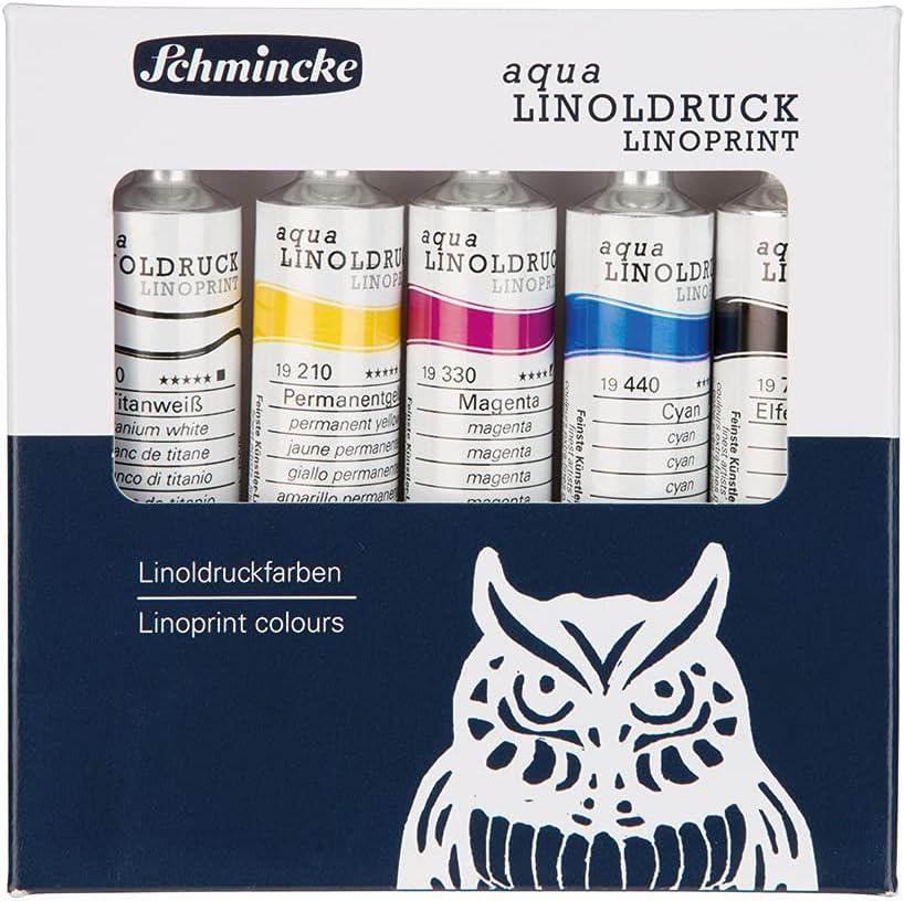Schmincke – aqua-LINOLDRUCK, linoleum printing set with 5 x 20 ml tubes, 82 005 097, finest linoleum printing inks, sharp contours, even print, brilliant colors, best light fastness…(3.4 fl oz)