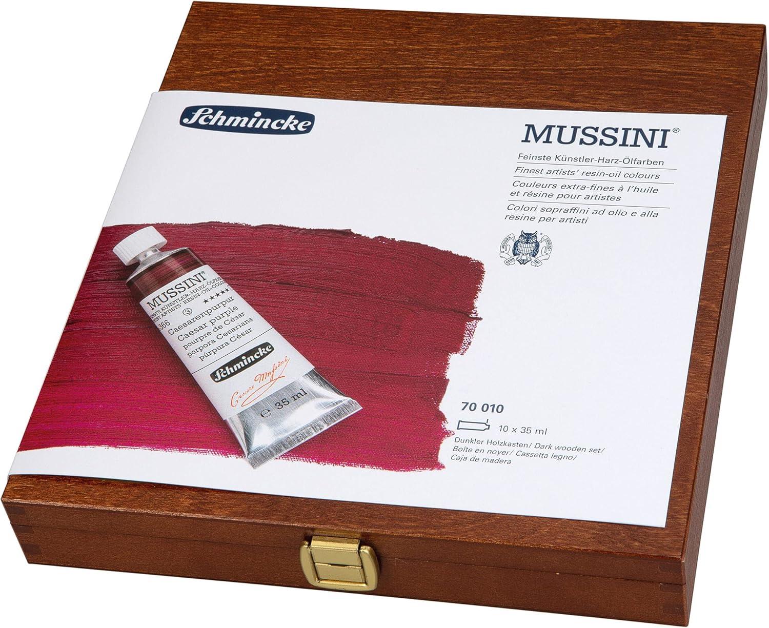 Schmincke – MUSSINI® Finest Resin Oil Colors Premium Wooden Box Oil Painting, 15 x 35 ml Set, 70 615 097,White 150 ml, Terpin, Palette Plug, 3 Brushes, Palette Knife, etc.(11.83 Fl Oz (Pack of 1))