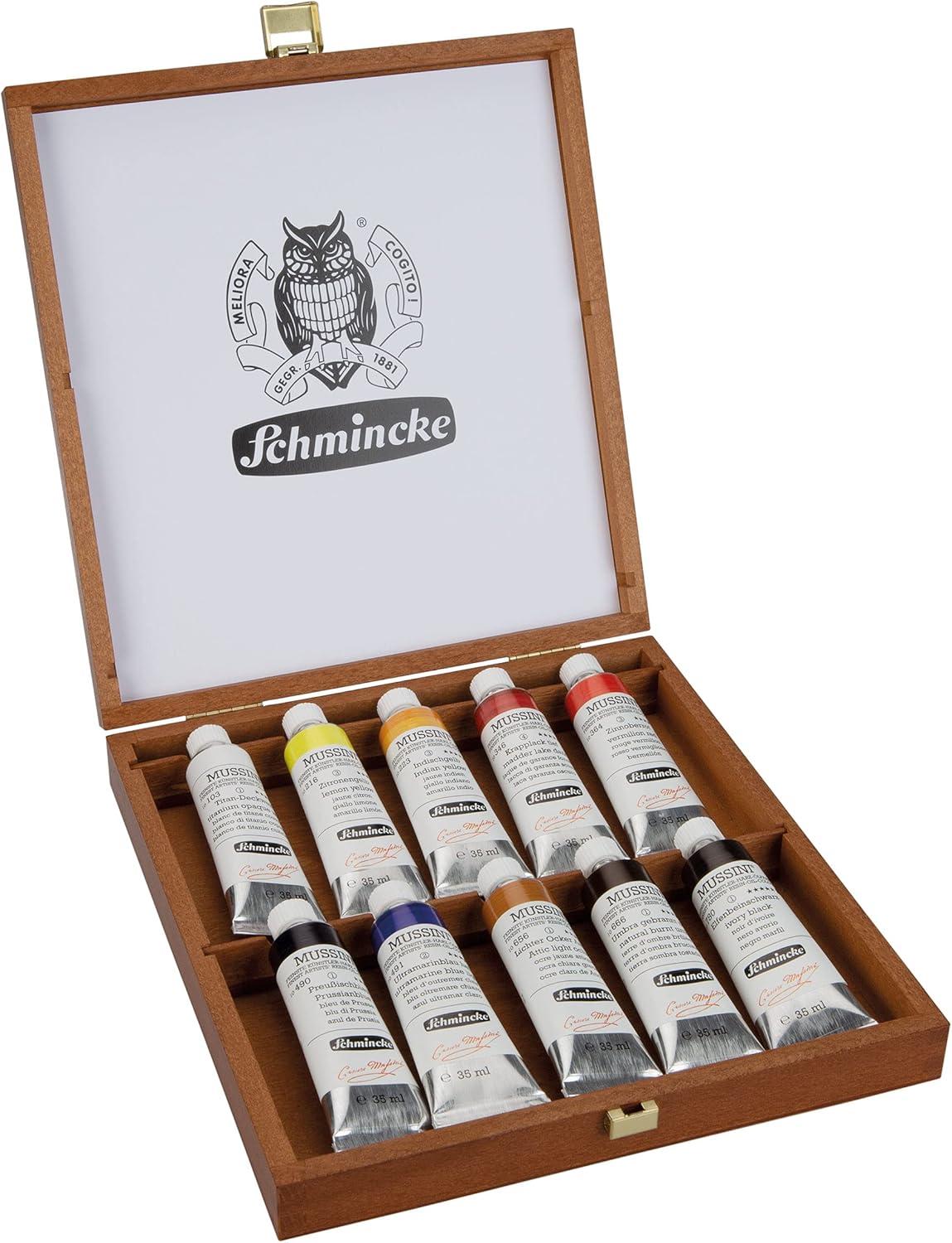 Schmincke – MUSSINI® Finest Resin Oil Colors Premium Wooden Box Oil Painting, 15 x 35 ml Set, 70 615 097,White 150 ml, Terpin, Palette Plug, 3 Brushes, Palette Knife, etc.(11.83 Fl Oz (Pack of 1))