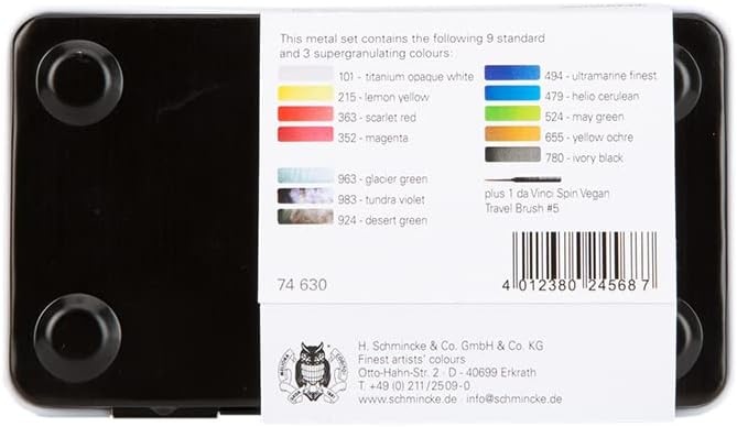 Schmincke – HORADAM® AQUARELL 12 Half Pans – Standard and Super Granulating Colors – and da Vinci Brush, 74630097, Metal Box, Painting Set, 12 x 1/2 Pans