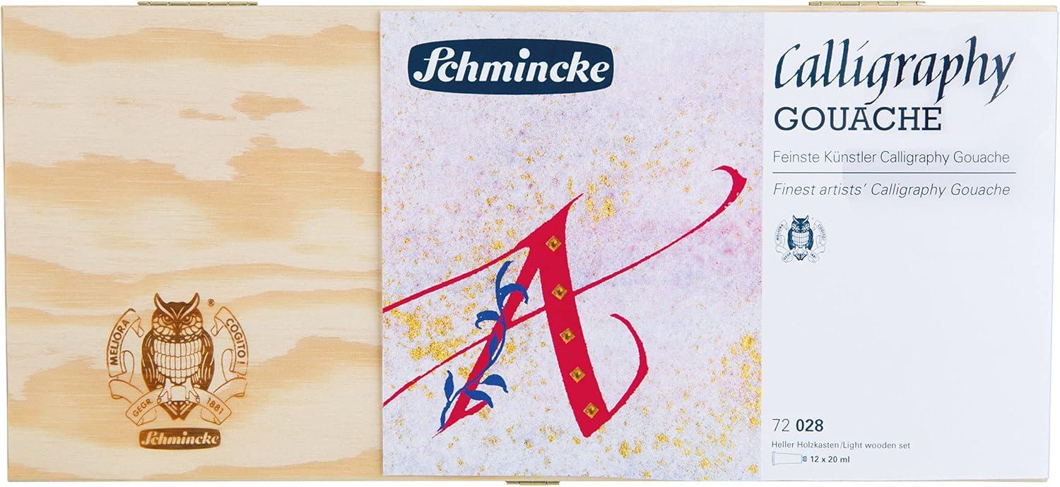 Schmincke – Calligraphy Gouache, 12 x 0,68 fl oz / 20 ml tubes, 72 028 097, 12 finest calligraphy colors in wooden box, brilliant, including gold pearl and silver, calligraphy techniques(1 Count (Pack of 1))