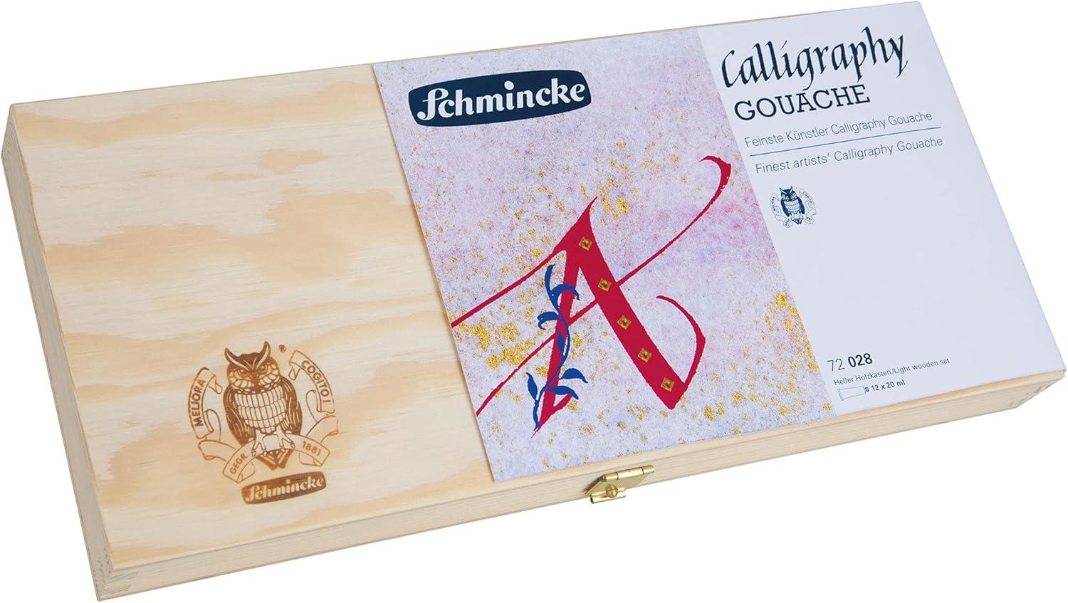 Schmincke – Calligraphy Gouache, 12 x 0,68 fl oz / 20 ml tubes, 72 028 097, 12 finest calligraphy colors in wooden box, brilliant, including gold pearl and silver, calligraphy techniques(1 Count (Pack of 1))