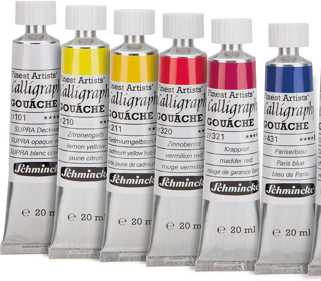 Schmincke – Calligraphy Gouache, 12 x 0,68 fl oz / 20 ml tubes, 72 028 097, 12 finest calligraphy colors in wooden box, brilliant, including gold pearl and silver, calligraphy techniques(1 Count (Pack of 1))