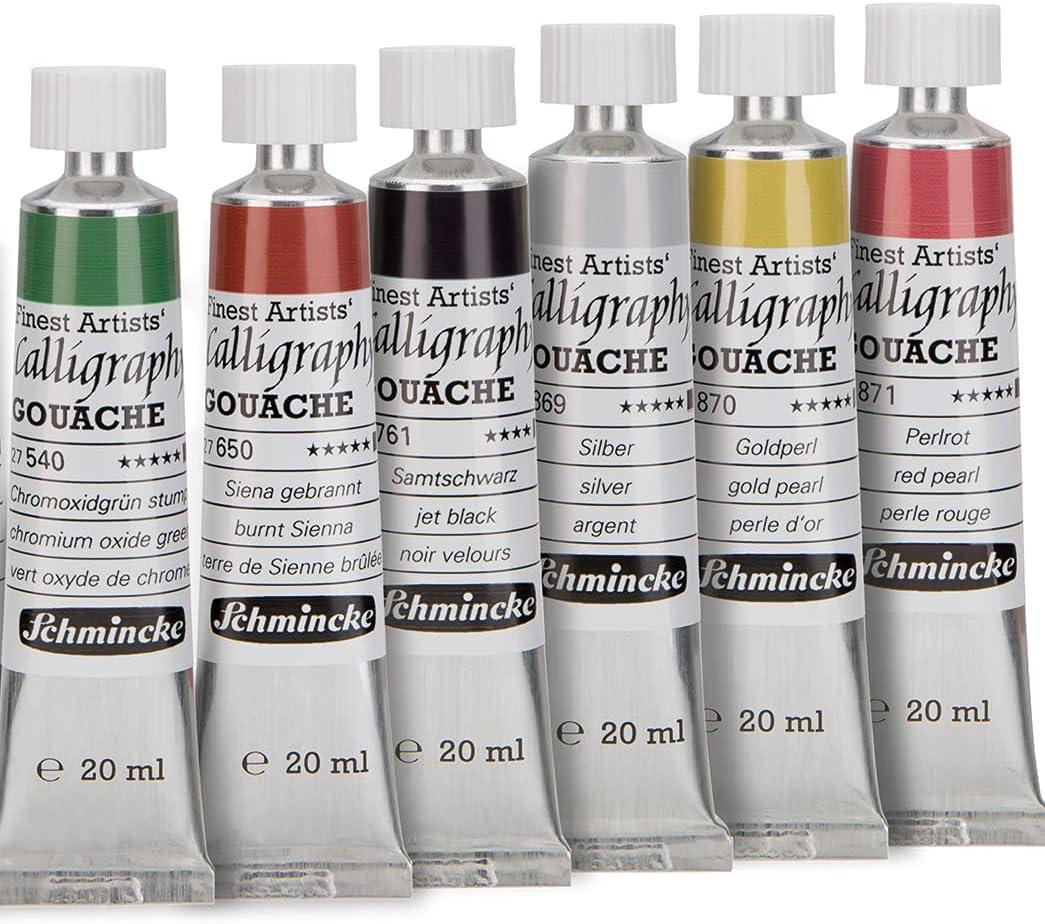 Schmincke – Calligraphy Gouache, 12 x 0,68 fl oz / 20 ml tubes, 72 028 097, 12 finest calligraphy colors in wooden box, brilliant, including gold pearl and silver, calligraphy techniques(1 Count (Pack of 1))