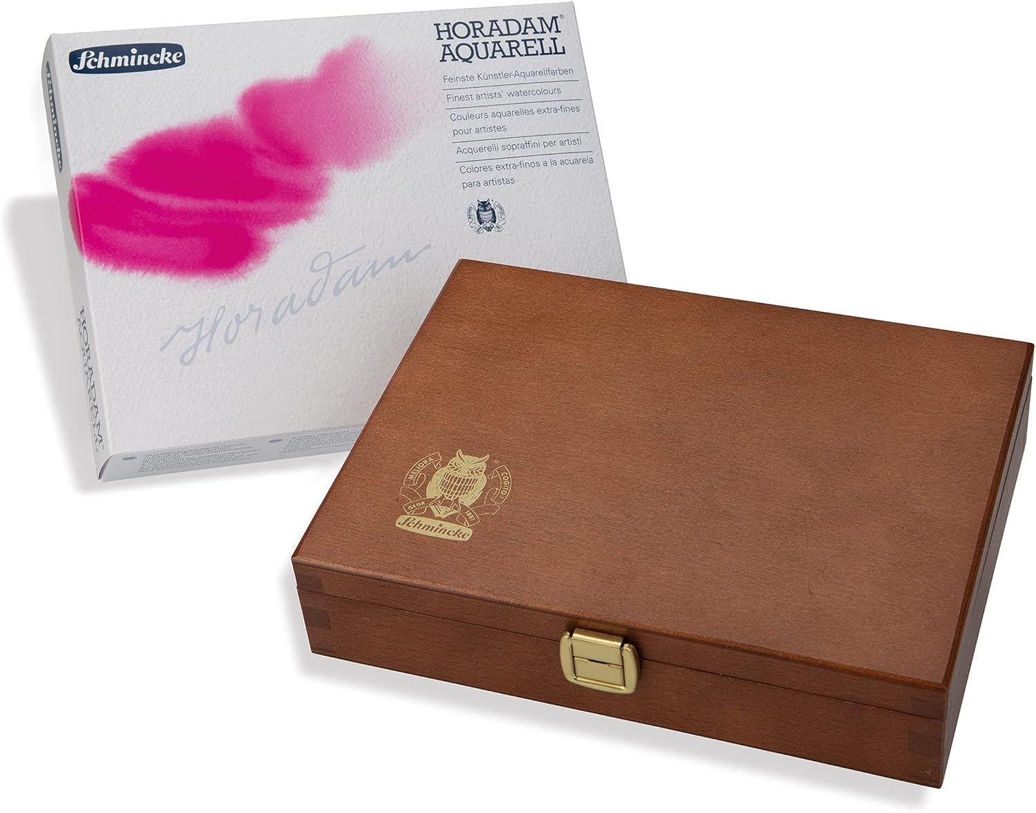 Schmincke – HORADAM® AQUARELL Premium color box with 24 finest watercolors, porcelain palette, 74524097, wooden box, 24 x 1/1 pans, Onetz(24 x 1/1 pans  Onetz)