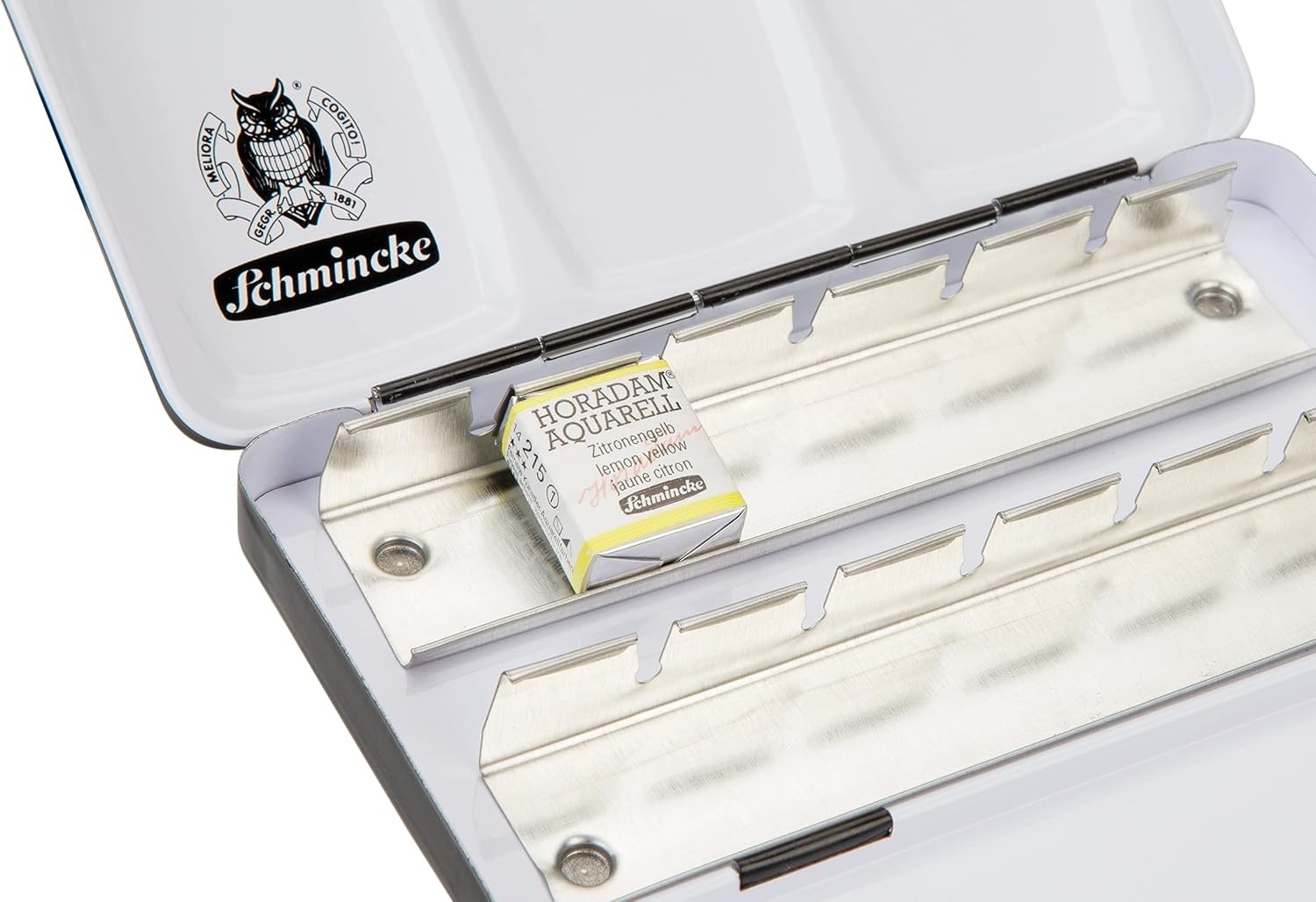 Schmincke – HORADAM AQUARELL Empty Box for 12 x 1/2 Cells, 74 913 097, Black Metal Box with Mixing Palette, for Individual Filling with 12 Half Cells HORADAM AQUARELL