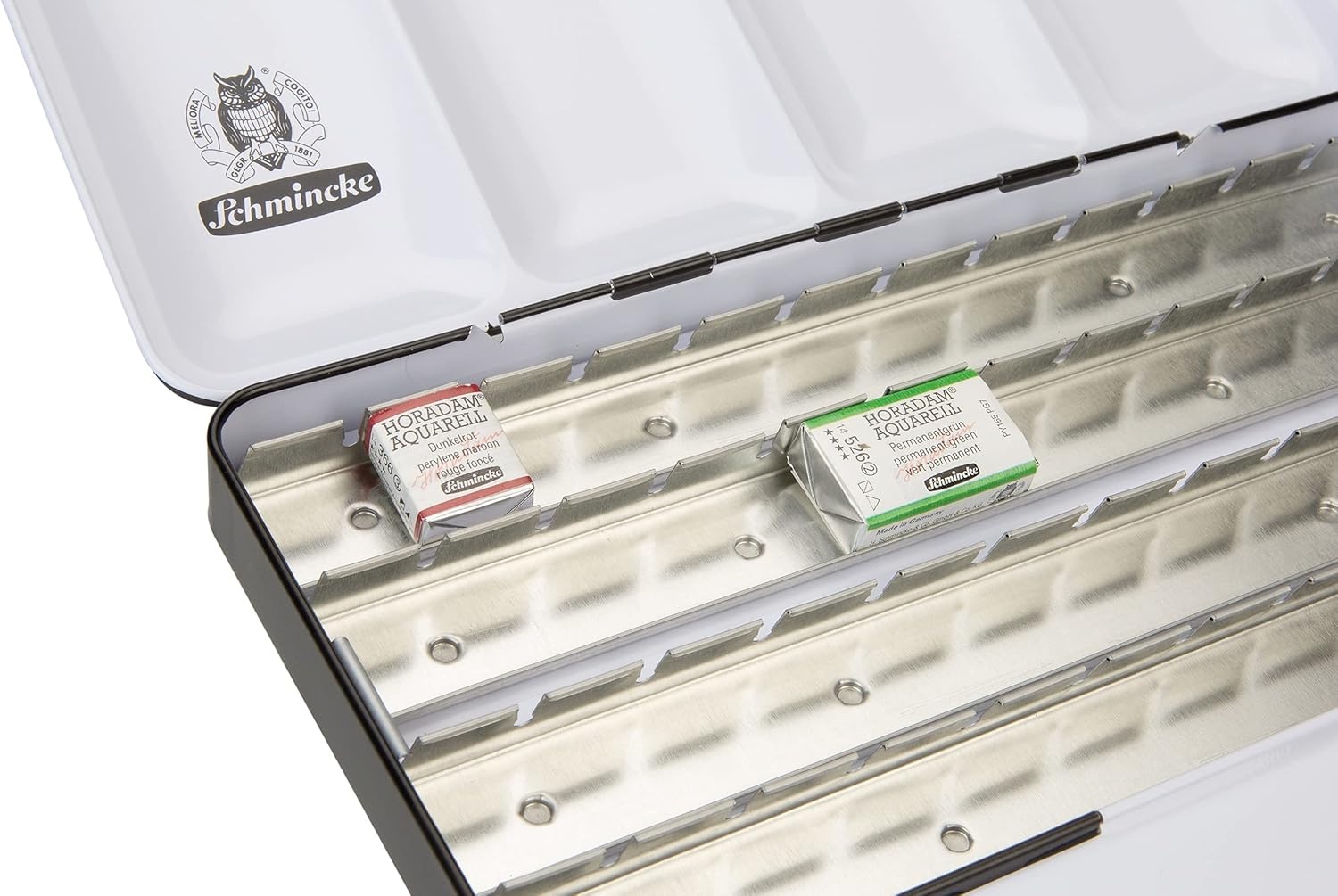 Schmincke – HORADAM AQUARELL Empty Box, 74 948 097, Black Metal Box, with Mixing Palette for Individual Filling with 48 x 1/2 or 24 x 1/1 Cells HORADAM AQUARELL(8.7″ x 4.3″ x 1.6″)