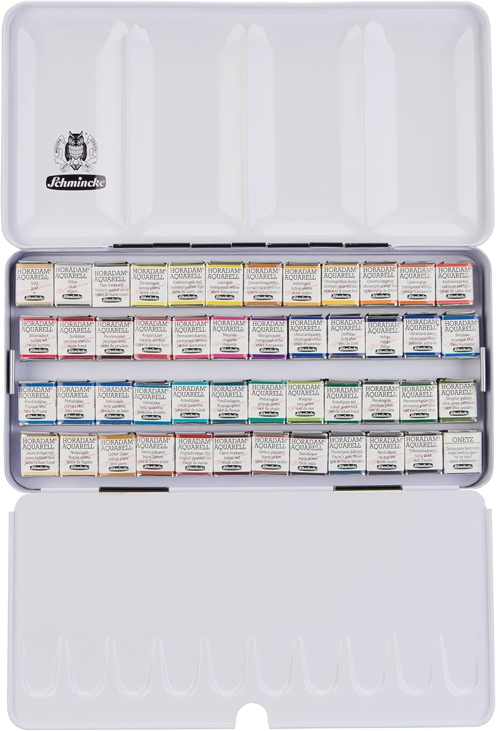 Schmincke – HORADAM AQUARELL Empty Box, 74 948 097, Black Metal Box, with Mixing Palette for Individual Filling with 48 x 1/2 or 24 x 1/1 Cells HORADAM AQUARELL(8.7″ x 4.3″ x 1.6″)