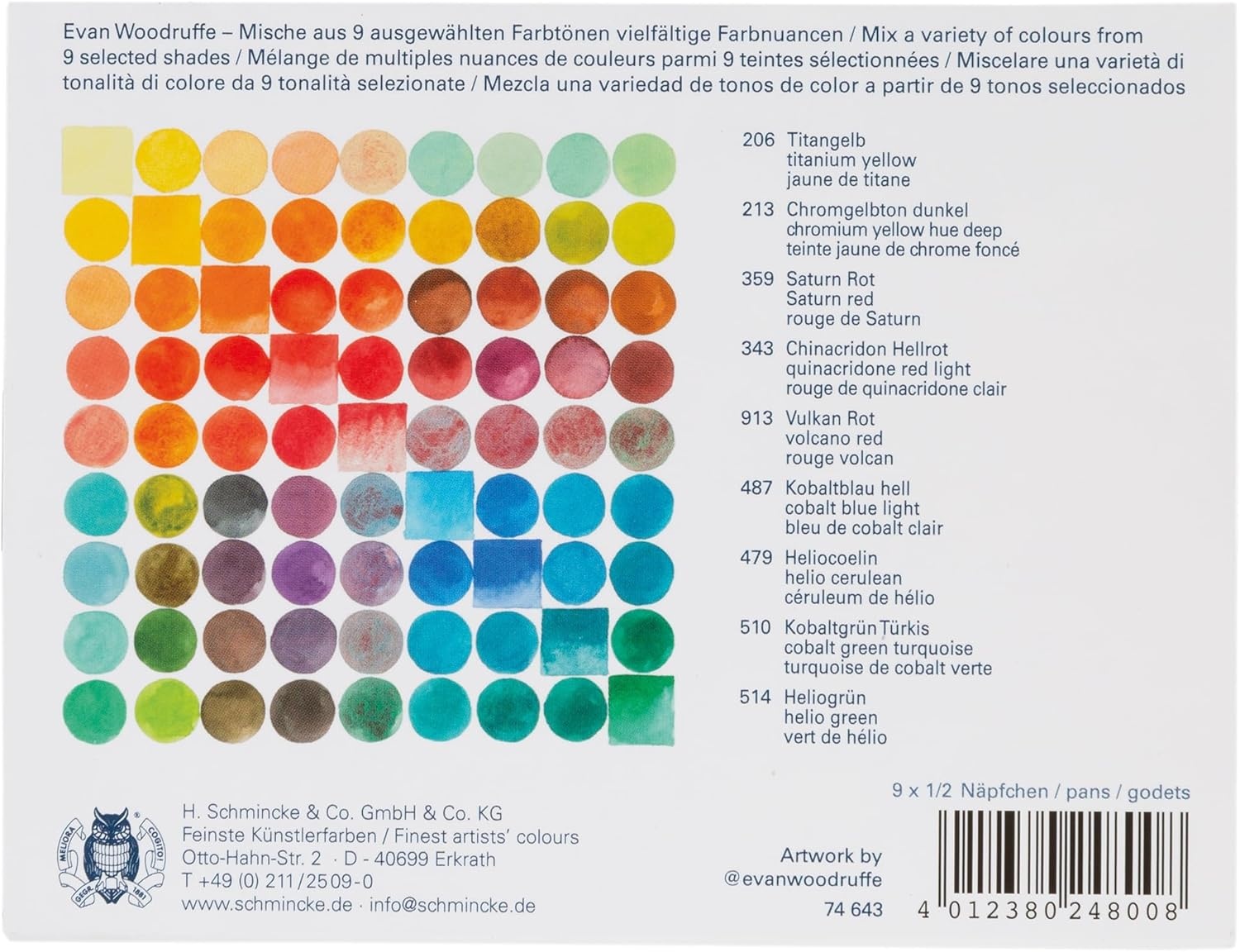 Schmincke – HORADAM® AQUARELL, Exceptional colors Set, 9 x 1/2 pans, 74 643 097, metal box, painting set, finest watercolors