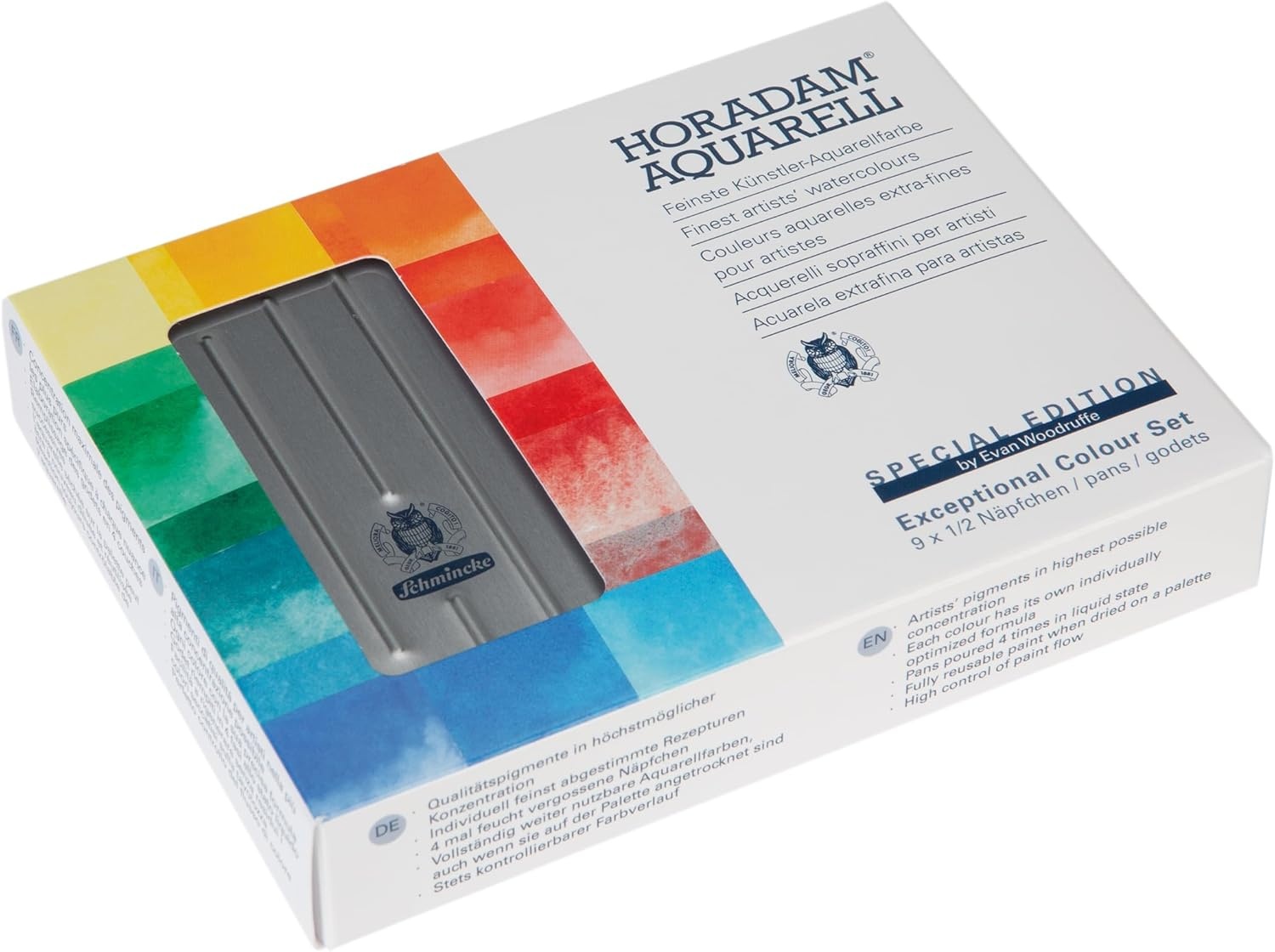 Schmincke – HORADAM® AQUARELL, Exceptional colors Set, 9 x 1/2 pans, 74 643 097, metal box, painting set, finest watercolors