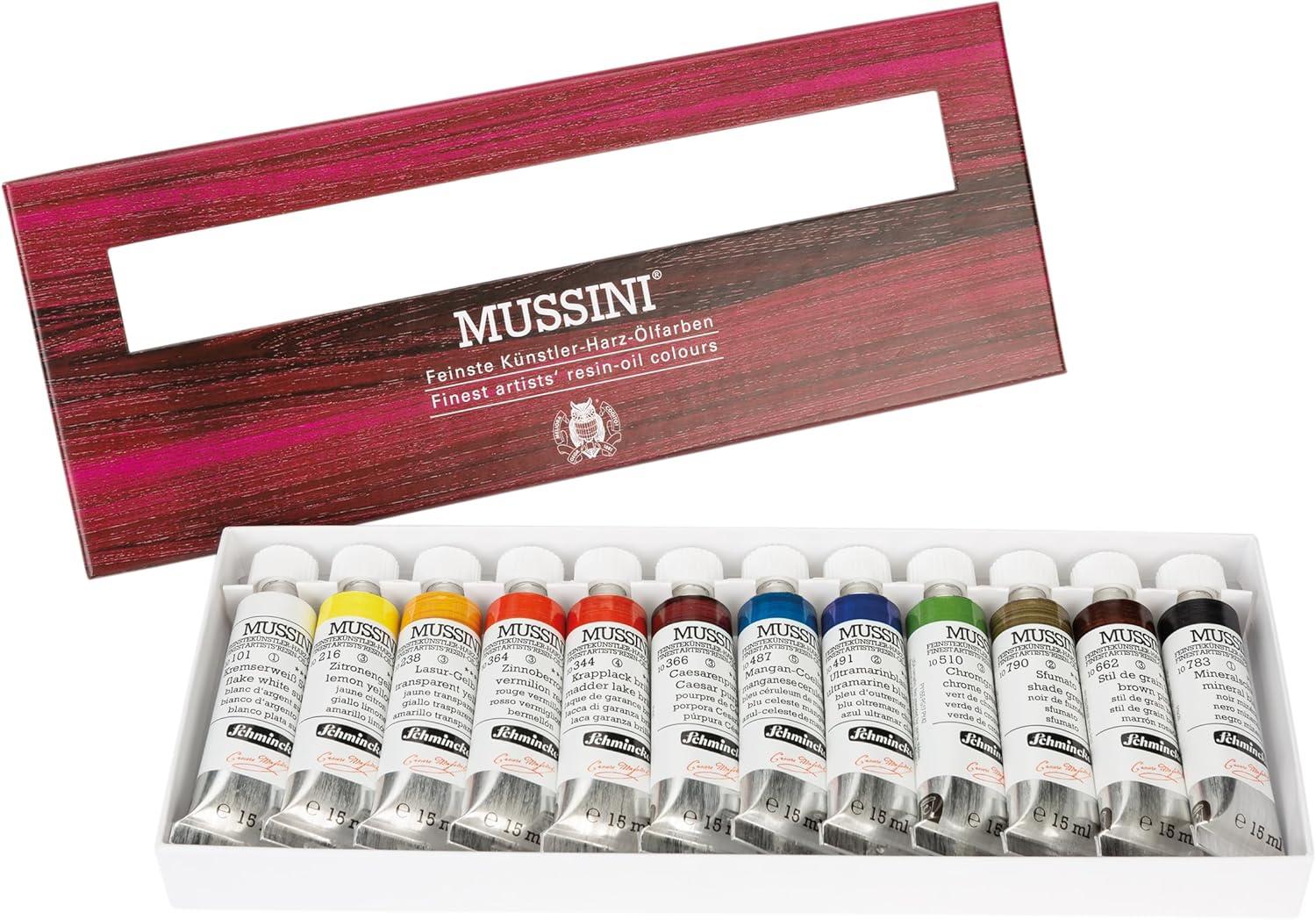 Schmincke – MUSSINI® Finest Resin Oil Colors Premium Wooden Box Oil Painting, 15 x 35 ml Set, 70 615 097,White 150 ml, Terpin, Palette Plug, 3 Brushes, Palette Knife, etc.(6.09 Fl Oz (Pack of 1))