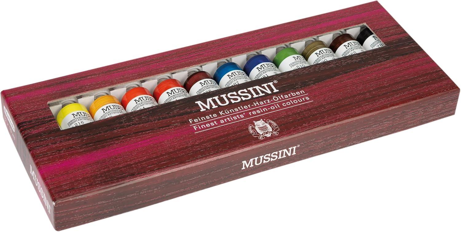 Schmincke – MUSSINI® Finest Resin Oil Colors Premium Wooden Box Oil Painting, 15 x 35 ml Set, 70 615 097,White 150 ml, Terpin, Palette Plug, 3 Brushes, Palette Knife, etc.(6.09 Fl Oz (Pack of 1))