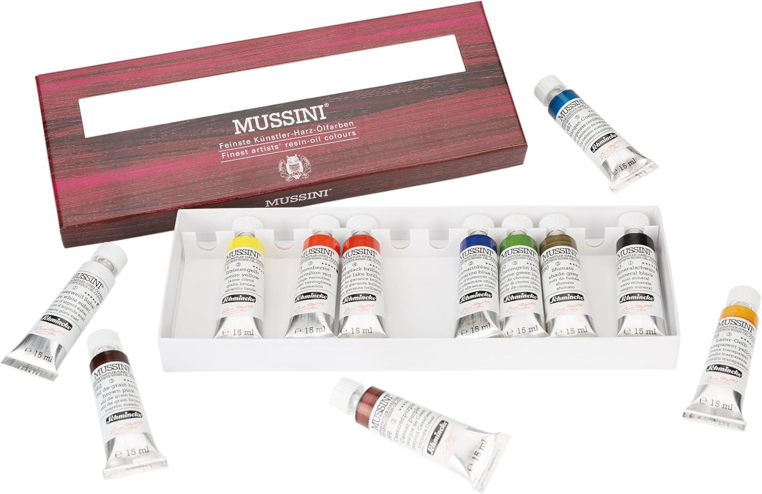 Schmincke – MUSSINI® Finest Resin Oil Colors Premium Wooden Box Oil Painting, 15 x 35 ml Set, 70 615 097,White 150 ml, Terpin, Palette Plug, 3 Brushes, Palette Knife, etc.(6.09 Fl Oz (Pack of 1))