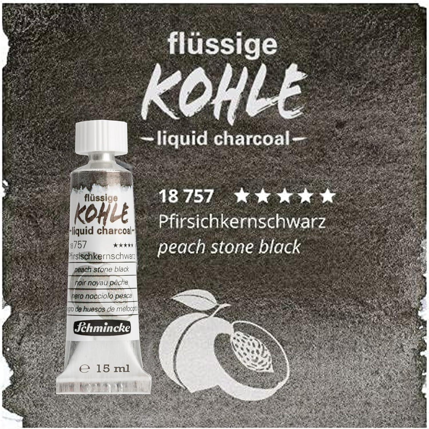 Schmincke – Liquid Charcoal, grape seed black, 15 ml, 18 755 006, for charcoal painting, charcoal drawing and underpainting, vegan(Peach stone black)