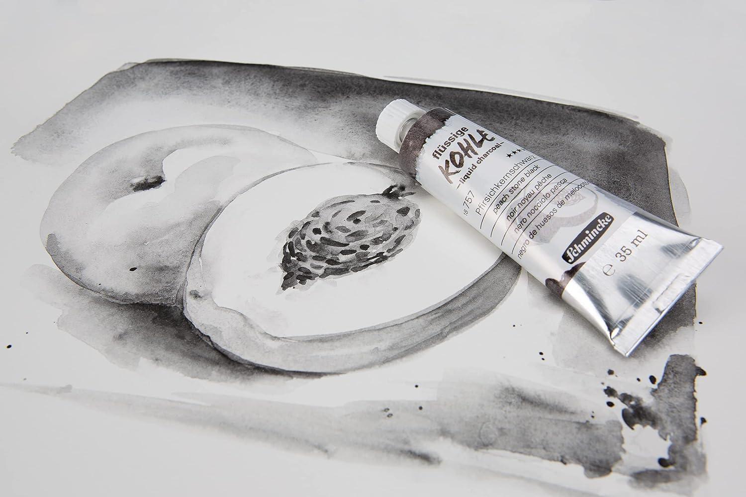 Schmincke – Liquid Charcoal, grape seed black, 15 ml, 18 755 006, for charcoal painting, charcoal drawing and underpainting, vegan(Peach stone black)