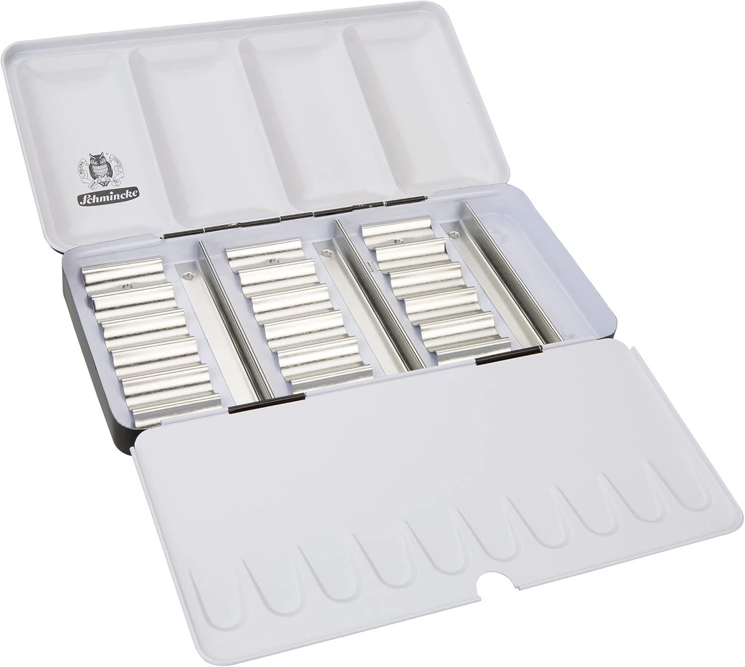 Schmincke – HORADAM AQUARELL empty box for 18 x 5 ml tubes, 74 918 097, black metal box with mixing palette, for individual use with 18 HORADAM tube colors