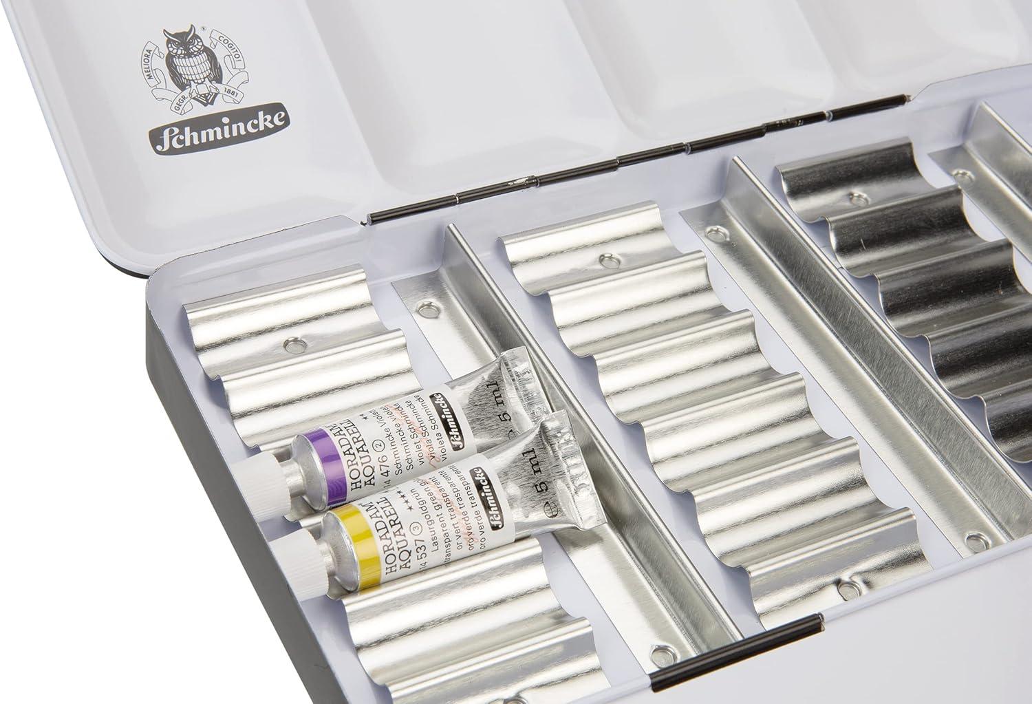 Schmincke – HORADAM AQUARELL empty box for 18 x 5 ml tubes, 74 918 097, black metal box with mixing palette, for individual use with 18 HORADAM tube colors