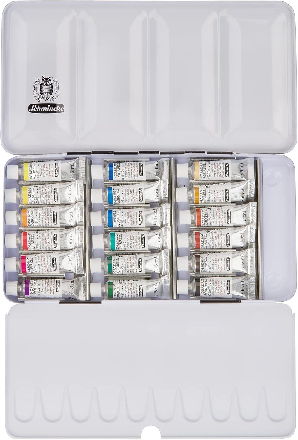 Schmincke – HORADAM AQUARELL empty box for 18 x 5 ml tubes, 74 918 097, black metal box with mixing palette, for individual use with 18 HORADAM tube colors