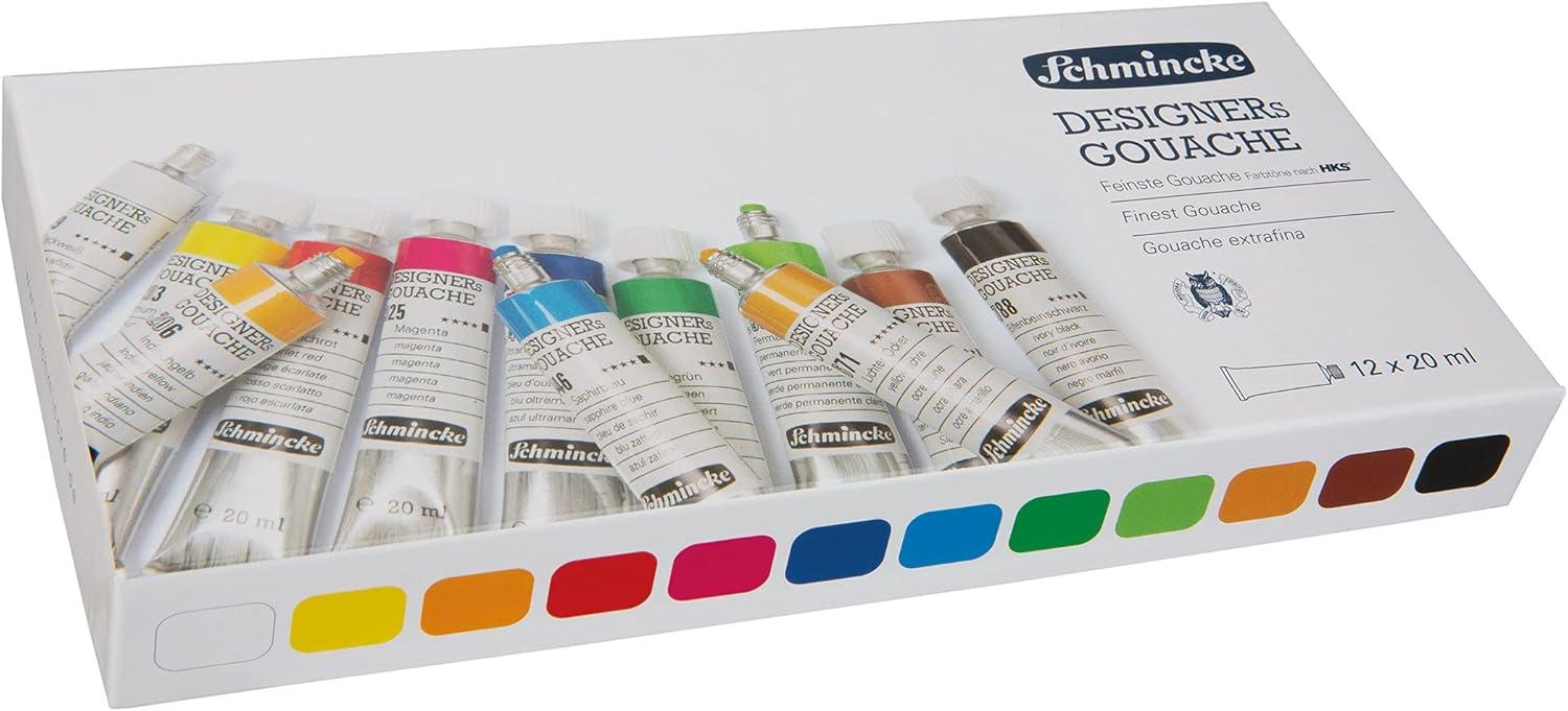Schmincke – Designers Gouache, 12 x 0,68 fl oz / 20 ml tubes, 72 014 097, 12 colors, cardboard set, streak-free, maximum opacity, color intens and velvet-matt