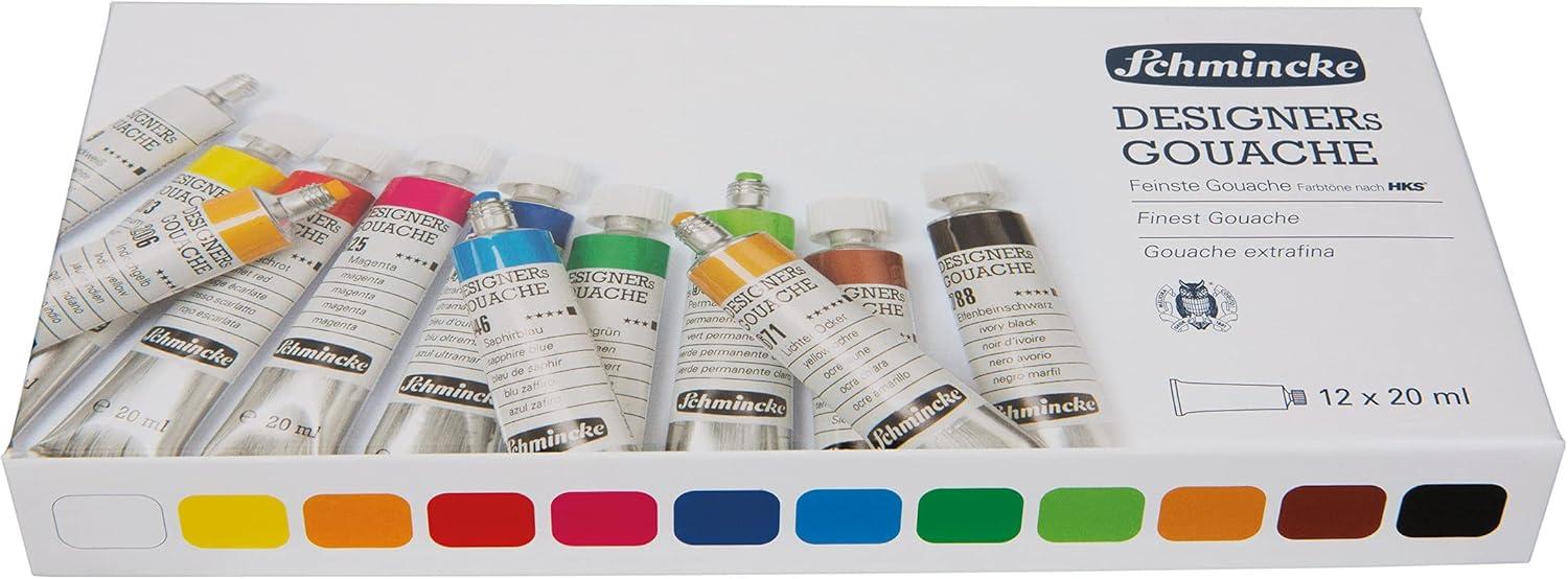 Schmincke – Designers Gouache, 12 x 0,68 fl oz / 20 ml tubes, 72 014 097, 12 colors, cardboard set, streak-free, maximum opacity, color intens and velvet-matt