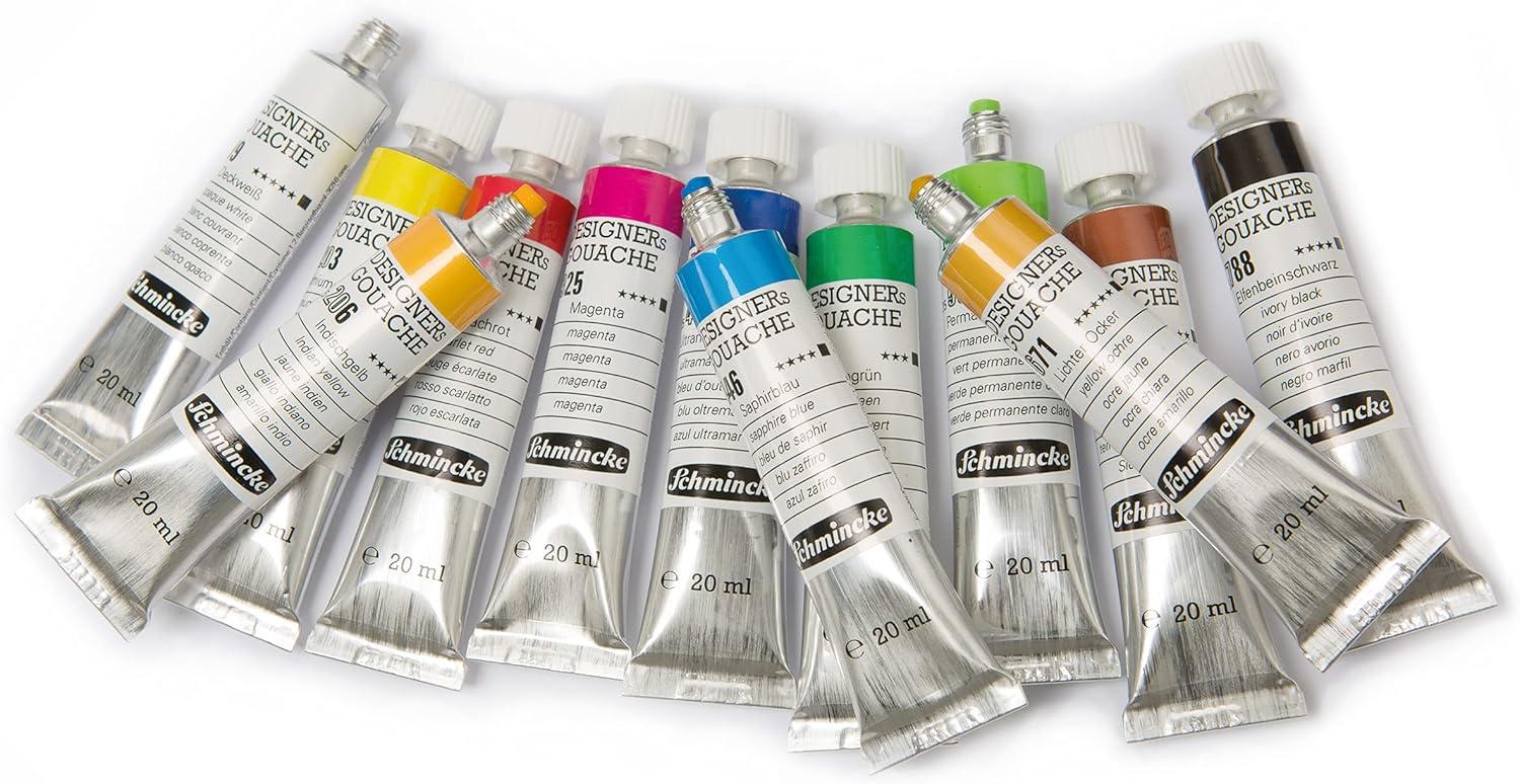 Schmincke – Designers Gouache, 12 x 0,68 fl oz / 20 ml tubes, 72 014 097, 12 colors, cardboard set, streak-free, maximum opacity, color intens and velvet-matt