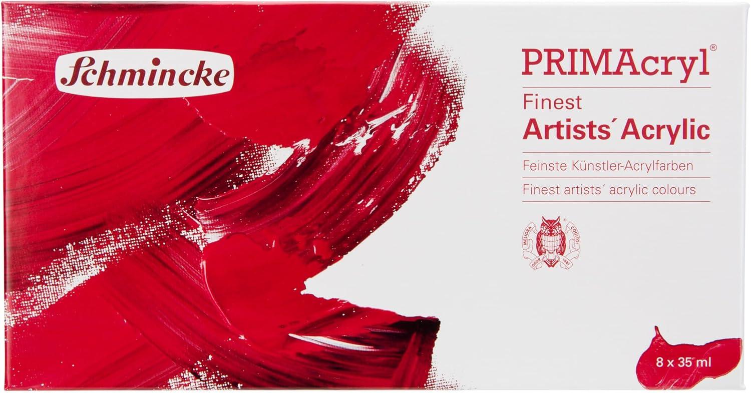 Schmincke – PRIMAcryl® Finest Premium Acrylic Colors, Basic Assortment 8 x 35 ml, 73208097, Cardboard Set, Highest Pigmentation, Brilliance, Opacity, Yield