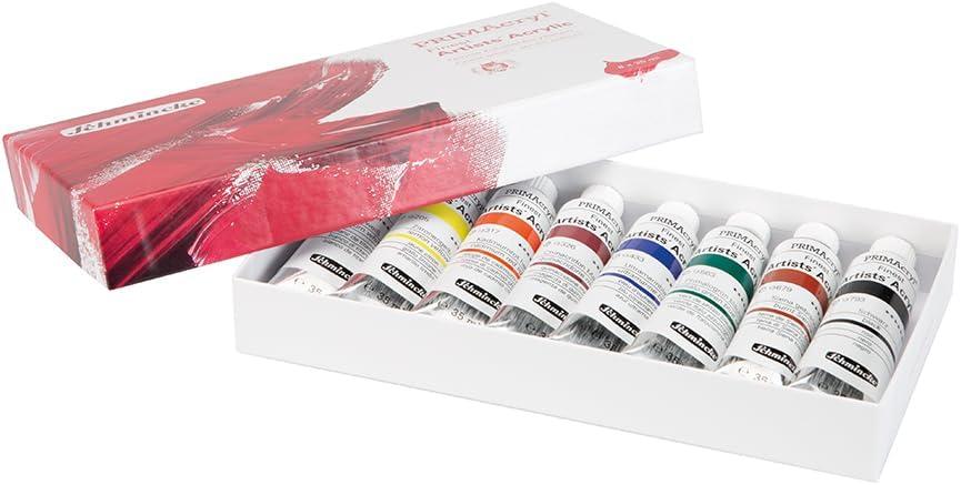 Schmincke – PRIMAcryl® Finest Premium Acrylic Colors, Basic Assortment 8 x 35 ml, 73208097, Cardboard Set, Highest Pigmentation, Brilliance, Opacity, Yield