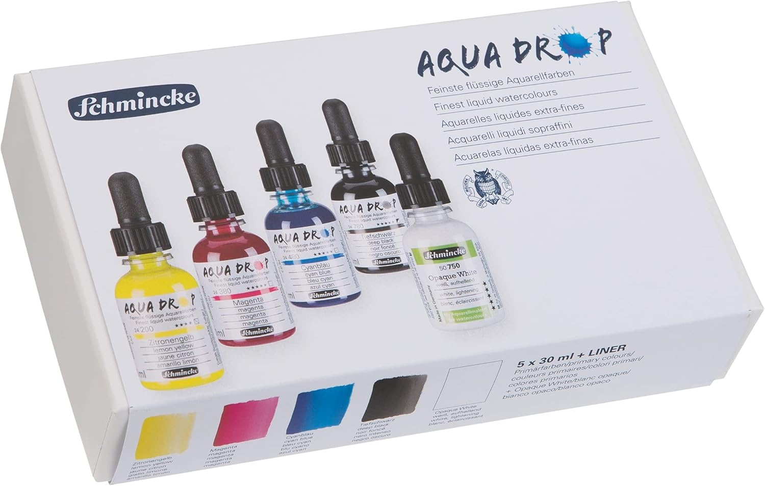 Schmincke – AQUA DROP, liquid, highly lightfast watercolor paint, 5 x 30 ml primary colors + Opaque White, 78 005 097, handlettering, airbrushing(5 x 1 fl oz + Liner)