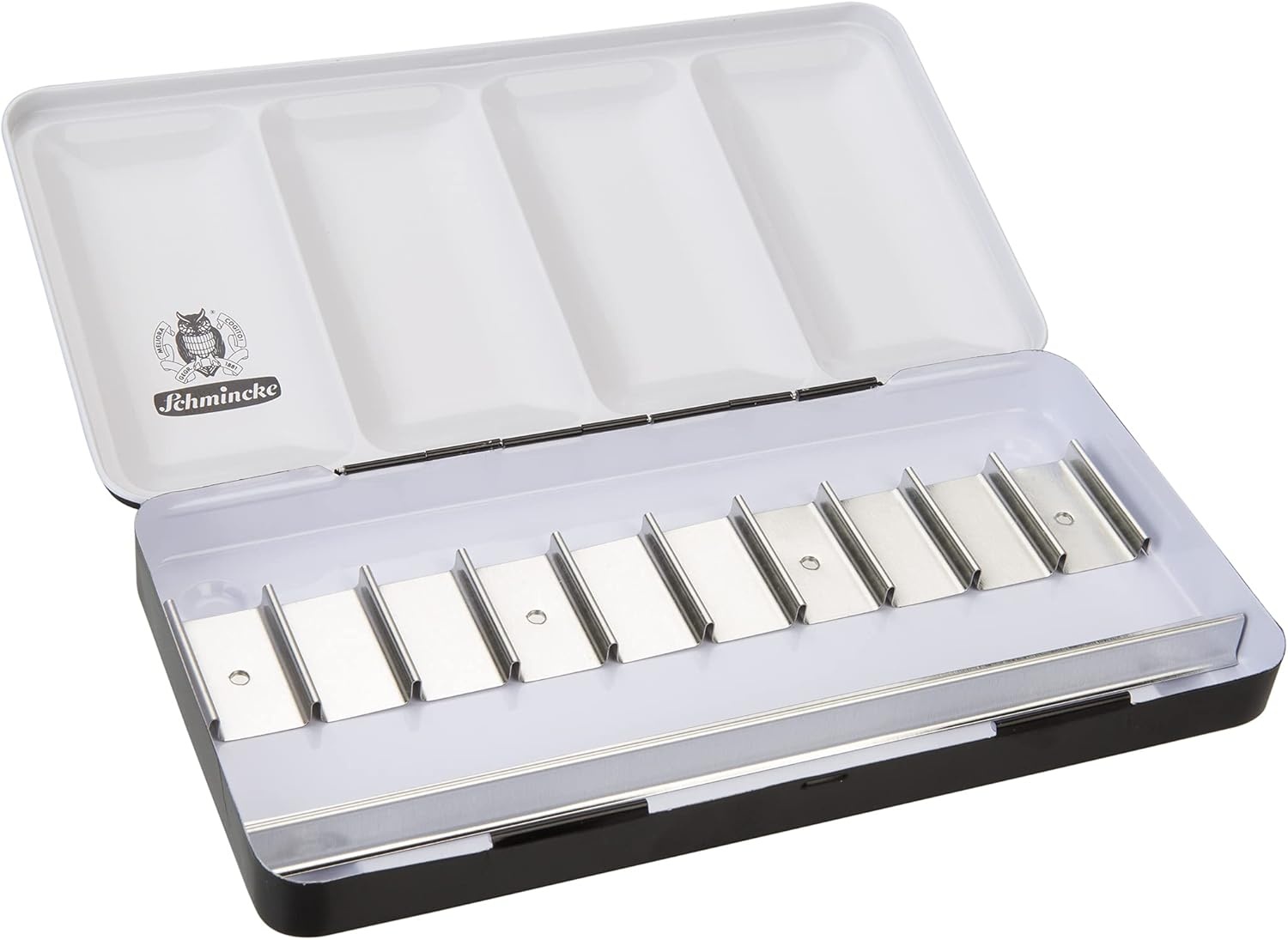 Schmincke – HORADAM AQUARELL Empty box 74 924 097, black metal box with mixing palette for individual filling with 24 x 1/2 or 12 x 1/1 cells(for 10 x 0.5 Fl Oz tubes)