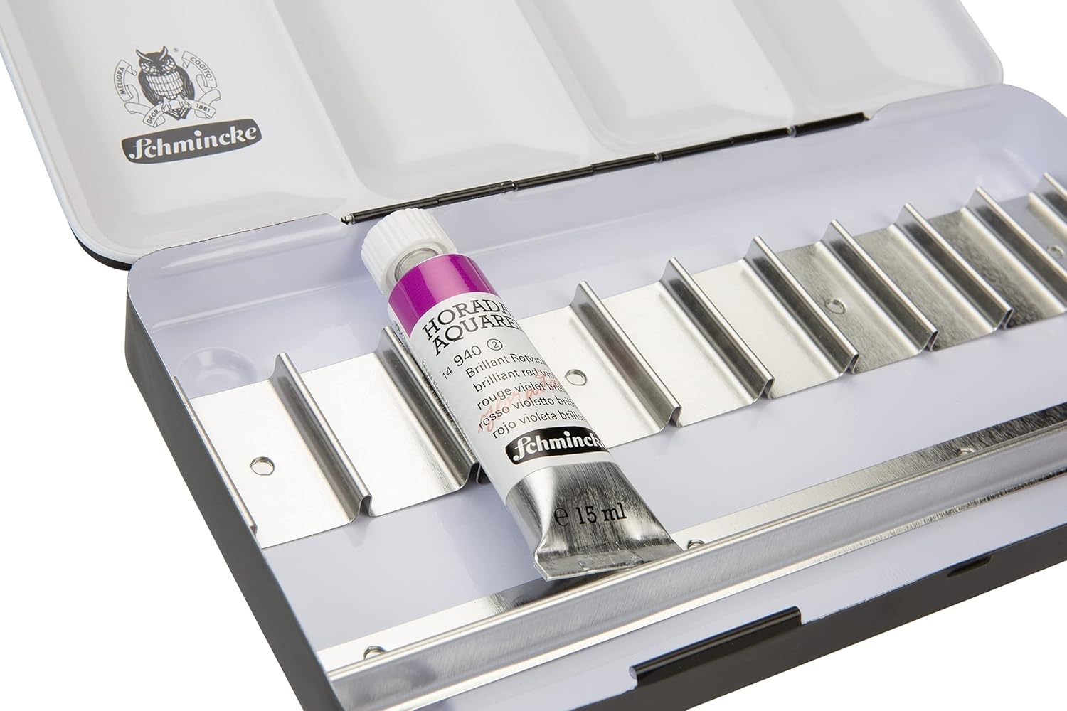 Schmincke – HORADAM AQUARELL Empty box 74 924 097, black metal box with mixing palette for individual filling with 24 x 1/2 or 12 x 1/1 cells(for 10 x 0.5 Fl Oz tubes)