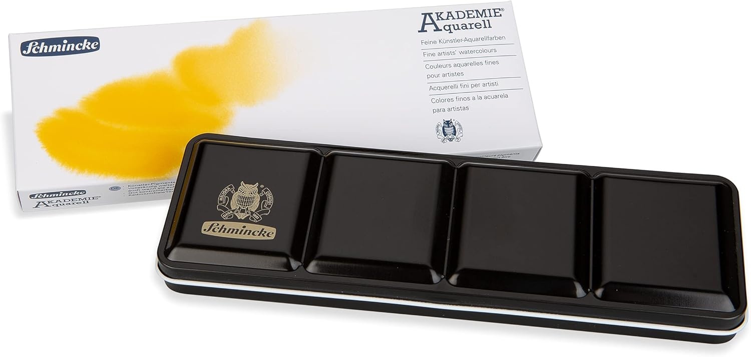Schmincke – AKADEMIE®AQUARELL watercolor box, basic assortment 12 x 1/2 pans + space for additional 12 pans, 75 412 097, metal box, fine artists’ watercolors(24 x 1/2 pans)