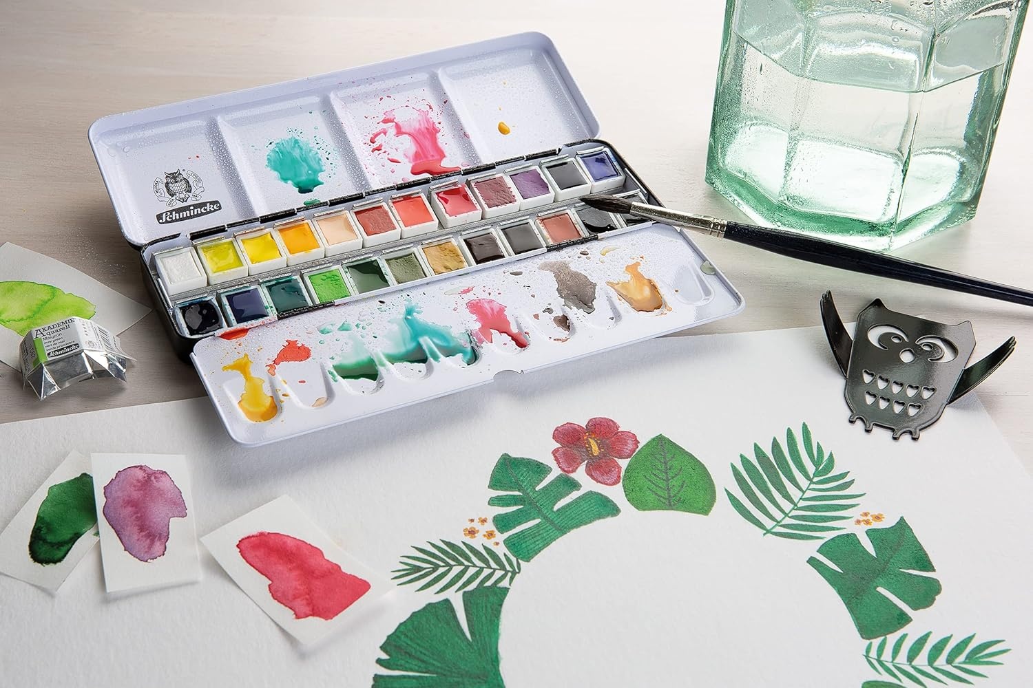 Schmincke – AKADEMIE®AQUARELL watercolor box, basic assortment 12 x 1/2 pans + space for additional 12 pans, 75 412 097, metal box, fine artists’ watercolors(24 x 1/2 pans)