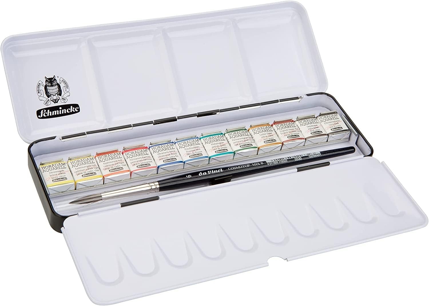 Schmincke – HORADAM AQUARELL Metal Box with 12 Finest Watercolor Colors, 1 Davinci Brush, 74 740 097, Painting Set, Finest Watercolor Colors, 12 x 1/2 Pans + Brush