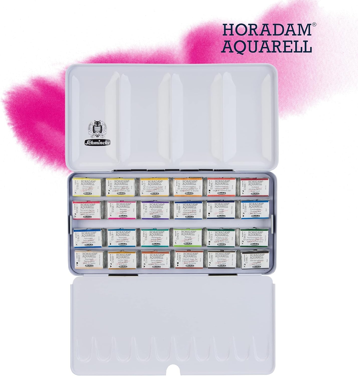 Schmincke – HORADAM® AQUARELL Premium color box with 24 finest watercolors, porcelain palette, 74524097, wooden box, 24 x 1/1 pans, Onetz(24 x 1/1 pans)