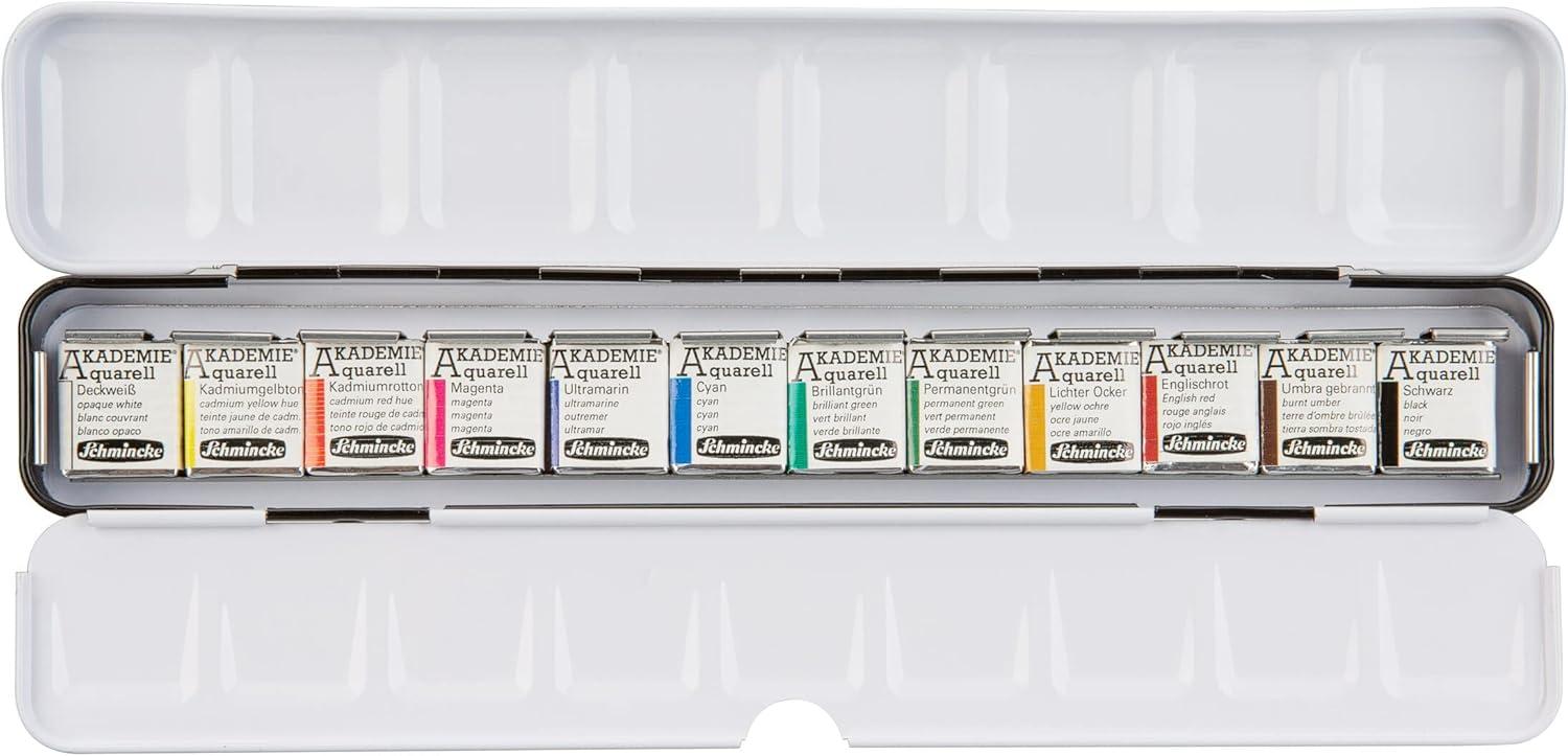 Schmincke – Akademie® Aquarell Slim, Compact Metal Box with 12 fine Watercolor Paints, 75769097, Painting Set, Travel Box, for Painting on The go, 12 x 1/2 Pans