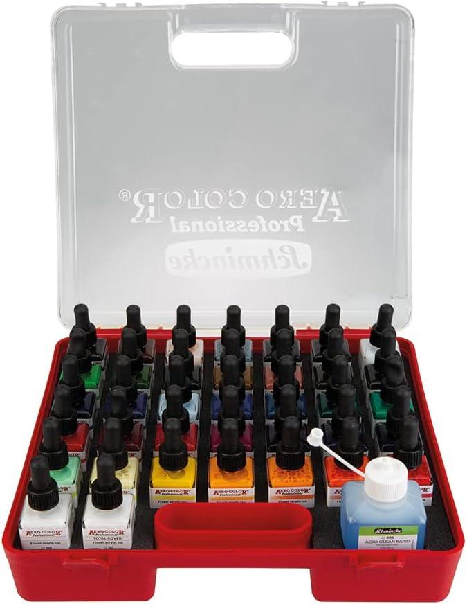 Schmincke – AERO COLOR Professional plastic case, 16 x 28 ml highly liquid acrylic colors + 7 empty bottles for own mixtures, 81 124 097, airbrush, acrylic painting, mixed media, acrylic ink(35.03 Fl Oz (Pack of 1))