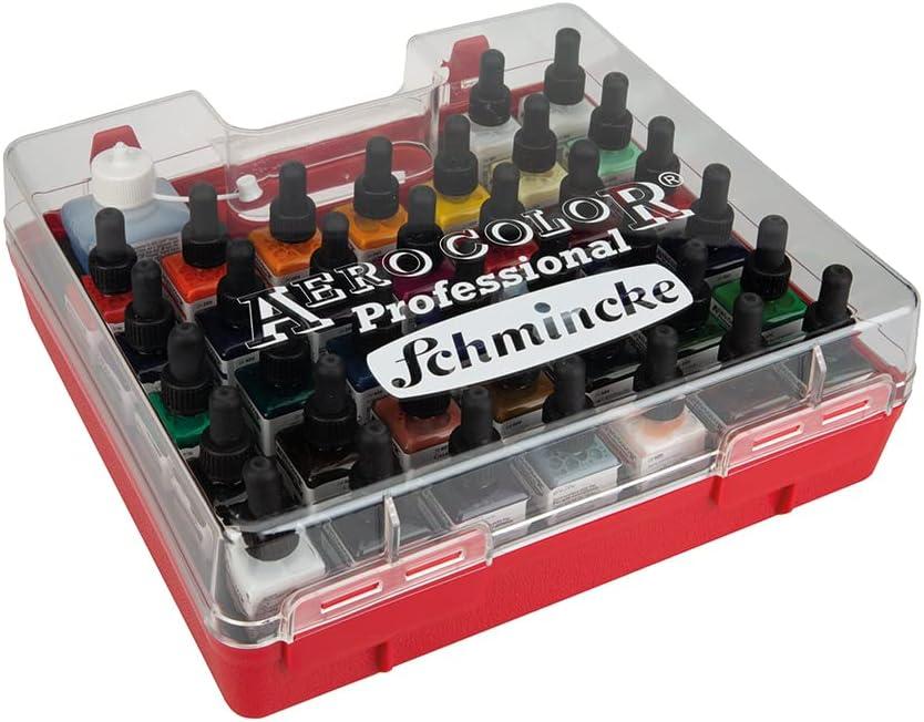 Schmincke – AERO COLOR Professional plastic case, 16 x 28 ml highly liquid acrylic colors + 7 empty bottles for own mixtures, 81 124 097, airbrush, acrylic painting, mixed media, acrylic ink(35.03 Fl Oz (Pack of 1))