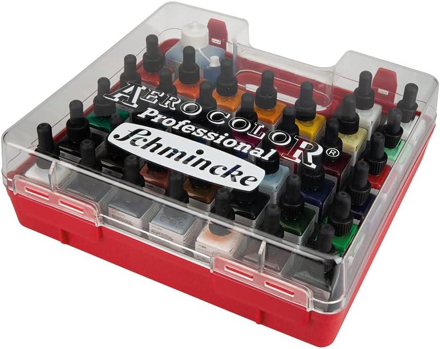 Schmincke – AERO COLOR Professional plastic case, 16 x 28 ml highly liquid acrylic colors + 7 empty bottles for own mixtures, 81 124 097, airbrush, acrylic painting, mixed media, acrylic ink(35.03 Fl Oz (Pack of 1))