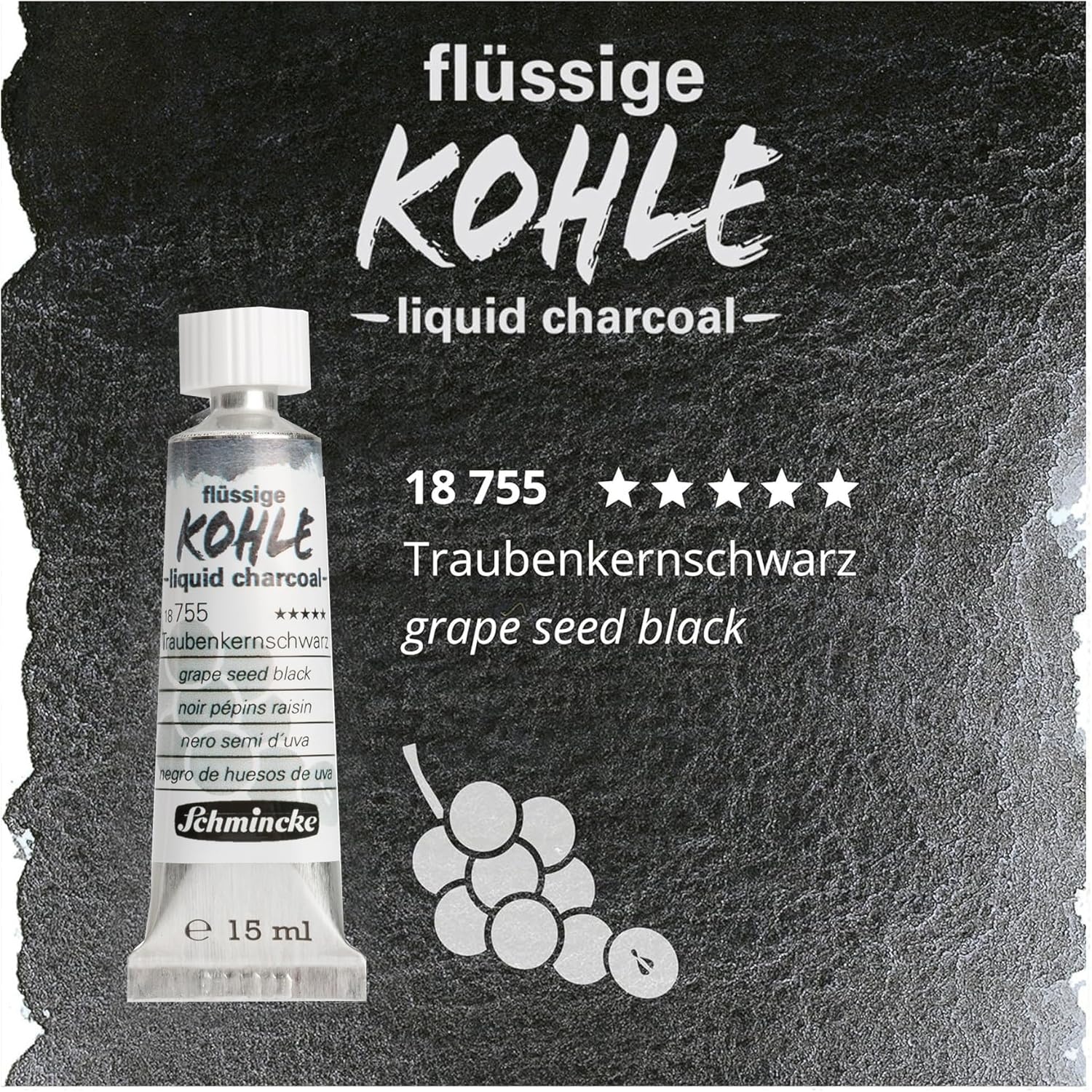 Schmincke – Liquid Charcoal, Cherry Pit Black, 35 ml, 18 756 009, for charcoal painting, charcoal drawing and underpainting, vegan(Grape seed black)