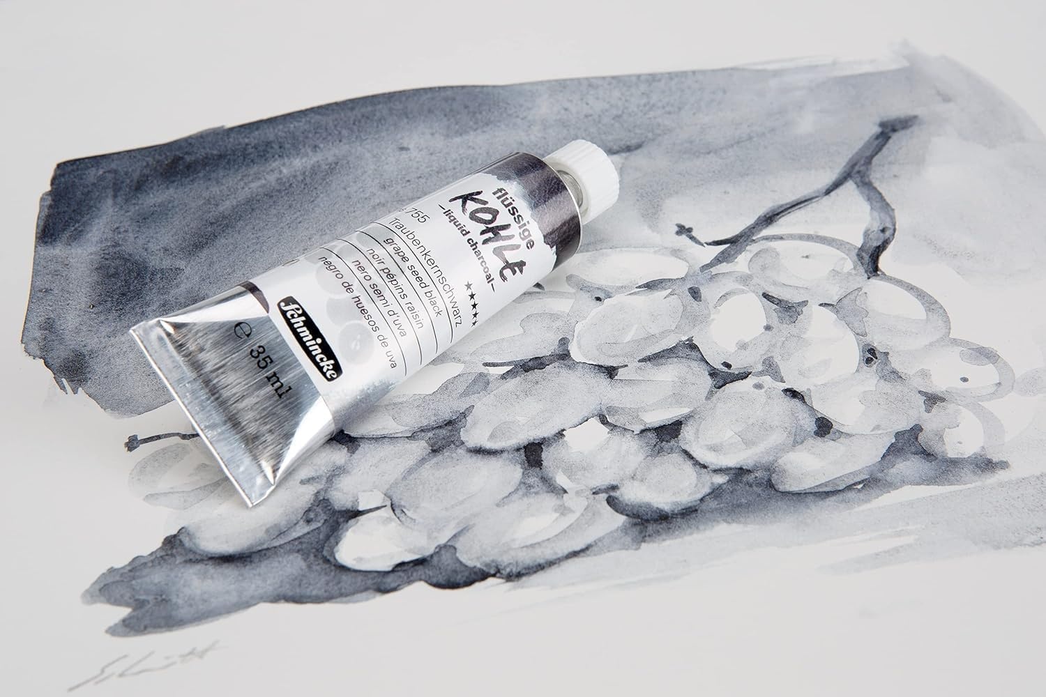 Schmincke – Liquid Charcoal, Cherry Pit Black, 35 ml, 18 756 009, for charcoal painting, charcoal drawing and underpainting, vegan(Grape seed black)
